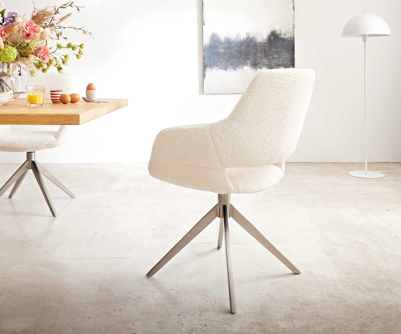 Draaistoel Yago-Flex met armleuning bouclé wit kruisframe breed roestvrij staal 360° draaibaar pocketveer kern 3