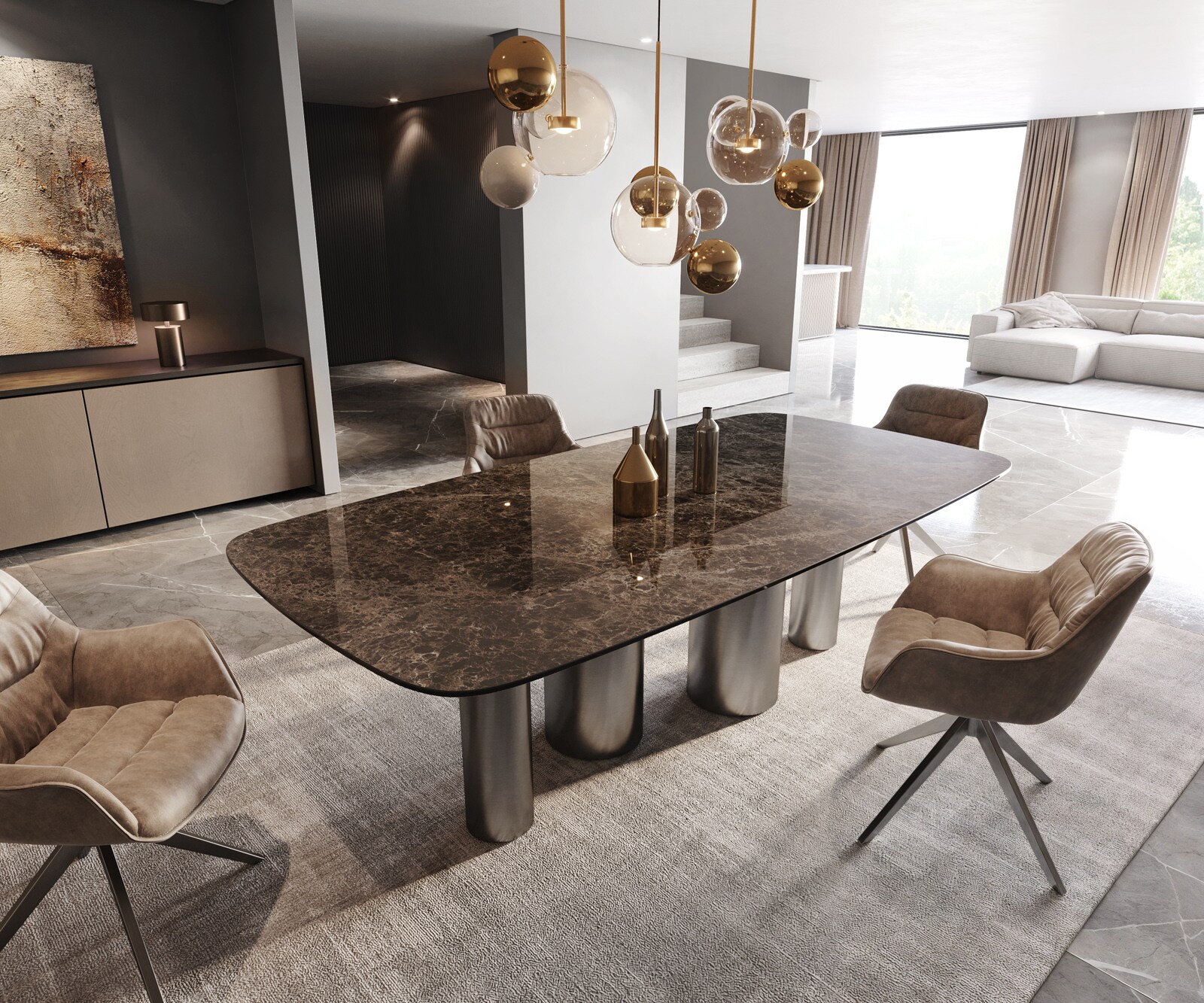 Eettafel Edge Boot Keramiek Emperador Extra Lucidato Donkerbruin 240x120 Pilier Roestvrij staal Grafiet 1
