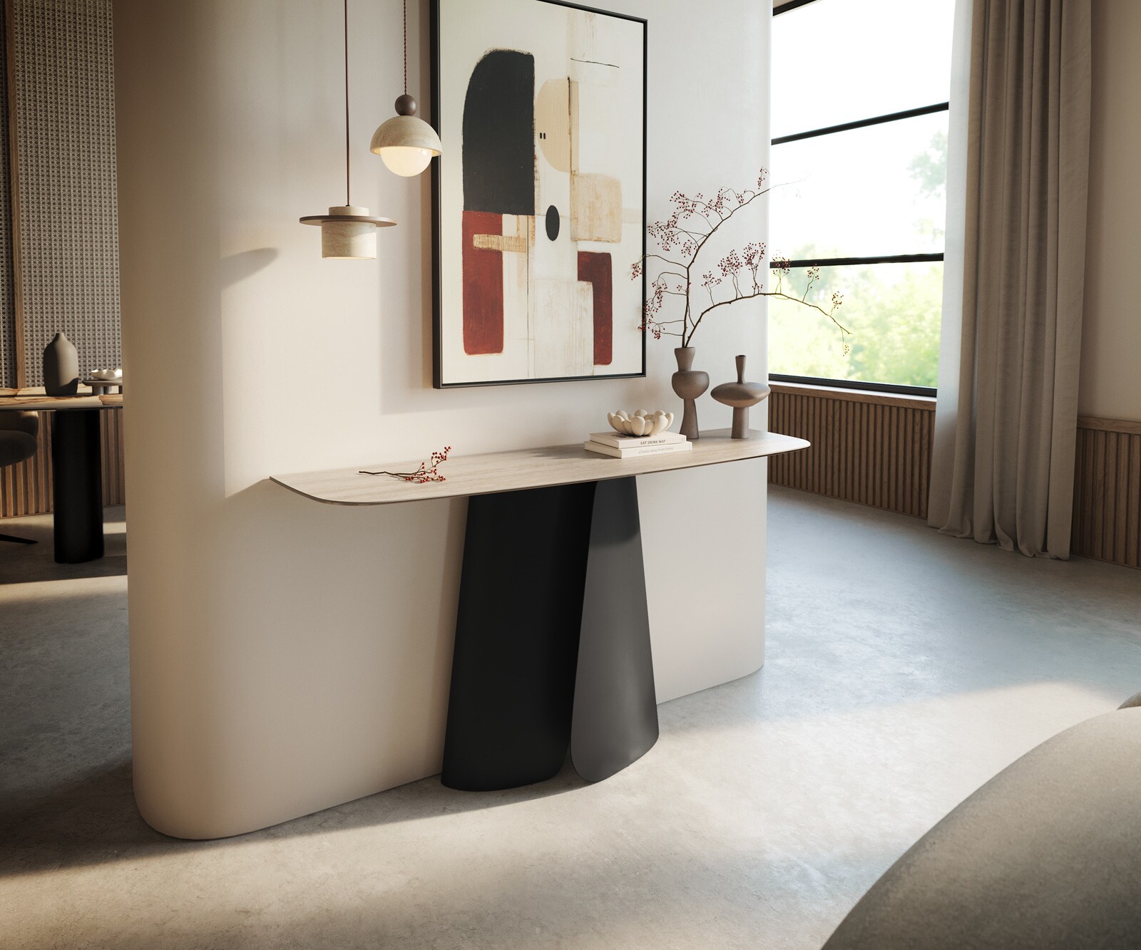 Consoletafel Edge Bootvorm 140x40 cm Keramiek Laminam® Travertino Bianco Creme-Weiß Livos Metaal Zwart 1
