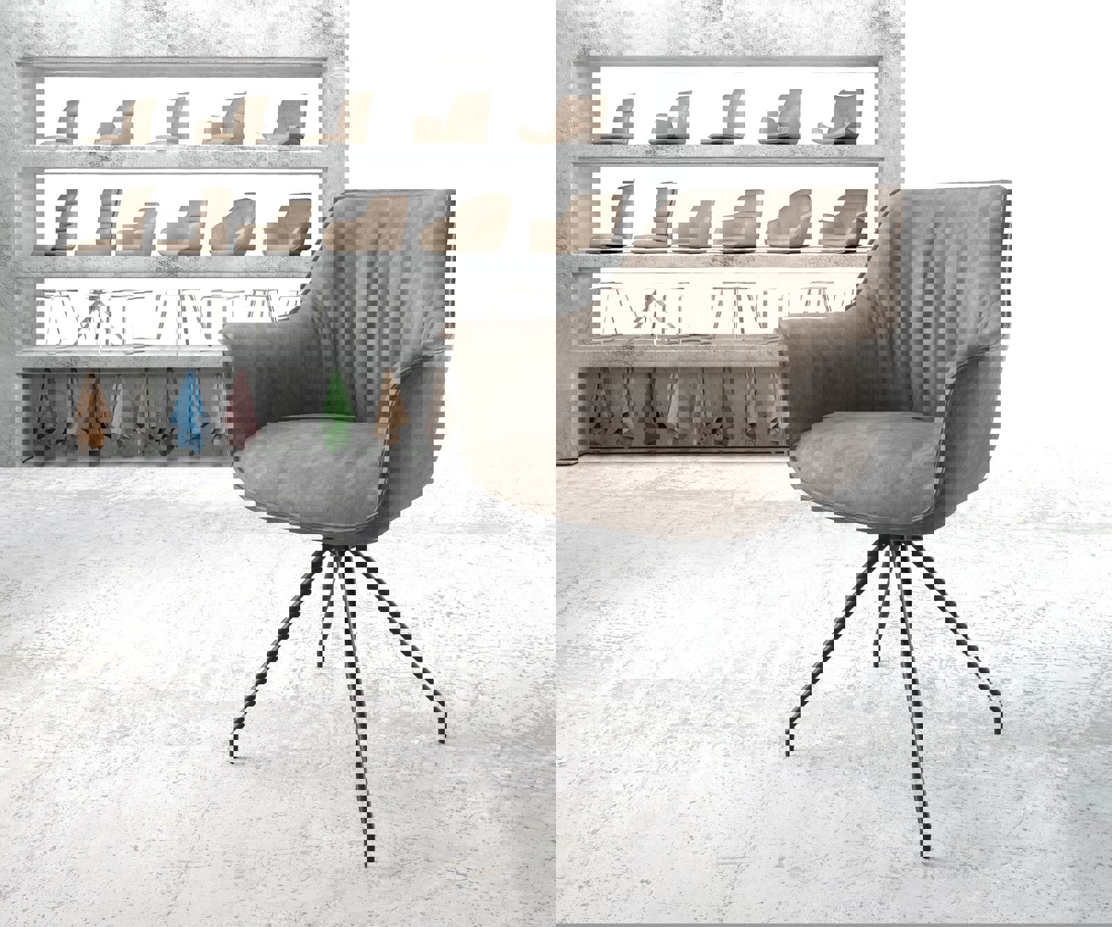 Eetkamerstoel Keila-Flex met armleuning microvelours taupe vintage kruisframe conisch zwart