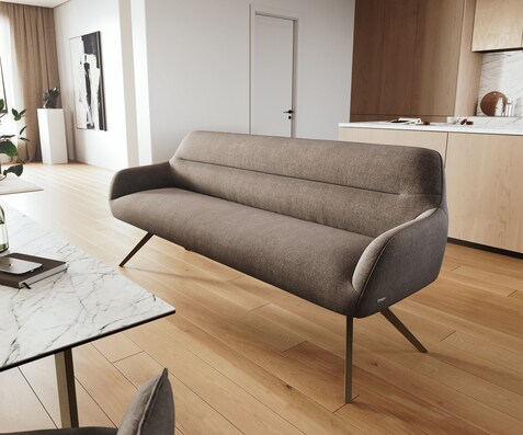 Eetkamerbank Taya-Flex 200 cm zachte stof met structuur taupe hoekig kruisframe afwerking met titaniumeffect pocketvering
