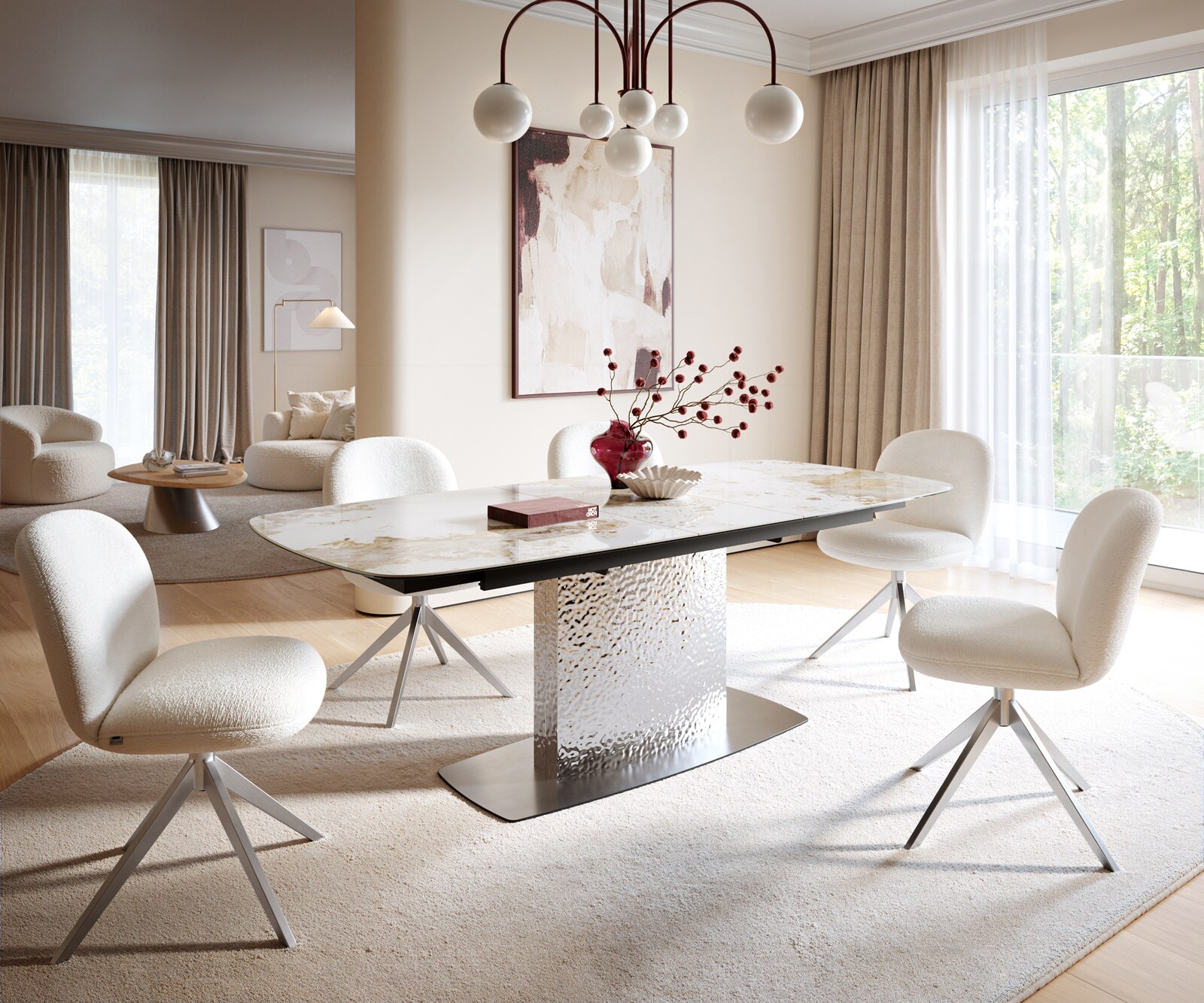 Eettafel Edge Boot 180-220x100 Keramiek Minas Melange Wit-beige Wave RVS uitschuifbaar