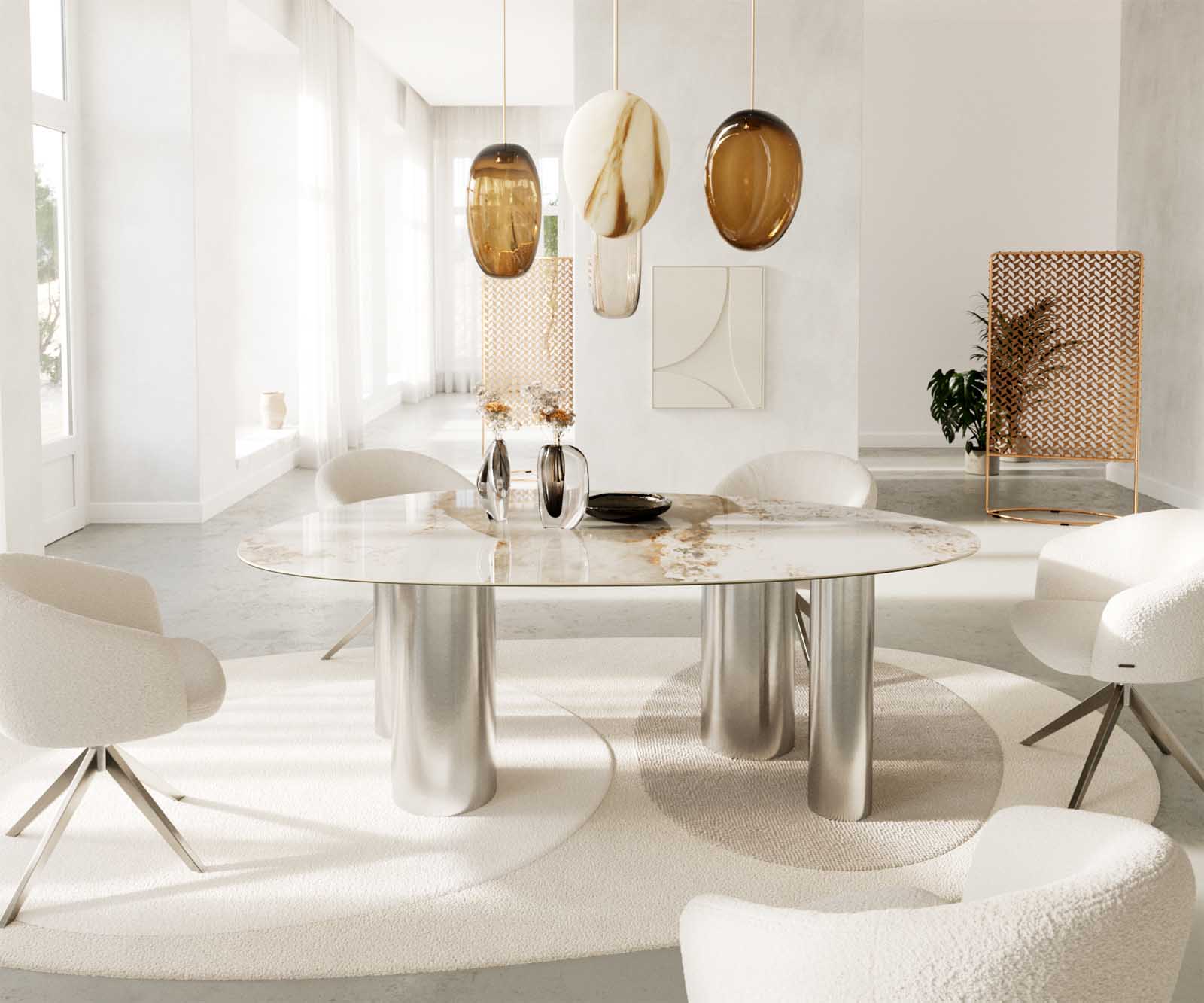 Eettafel Edge ovaal 220x120 keramiek Minas Melange wit-beige pilier roestvrij staal 1