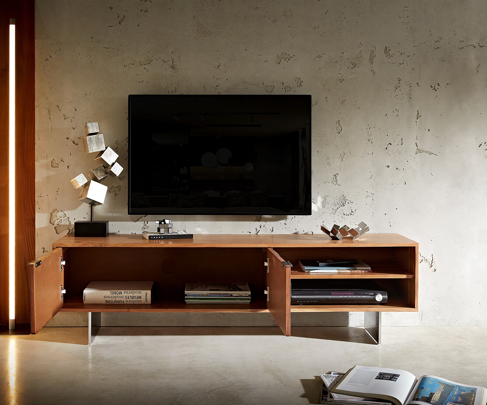 TV-meubel Teele 160 cm acacia natuur leisteen 2 deuren poot zwevend roestvrij staal 6