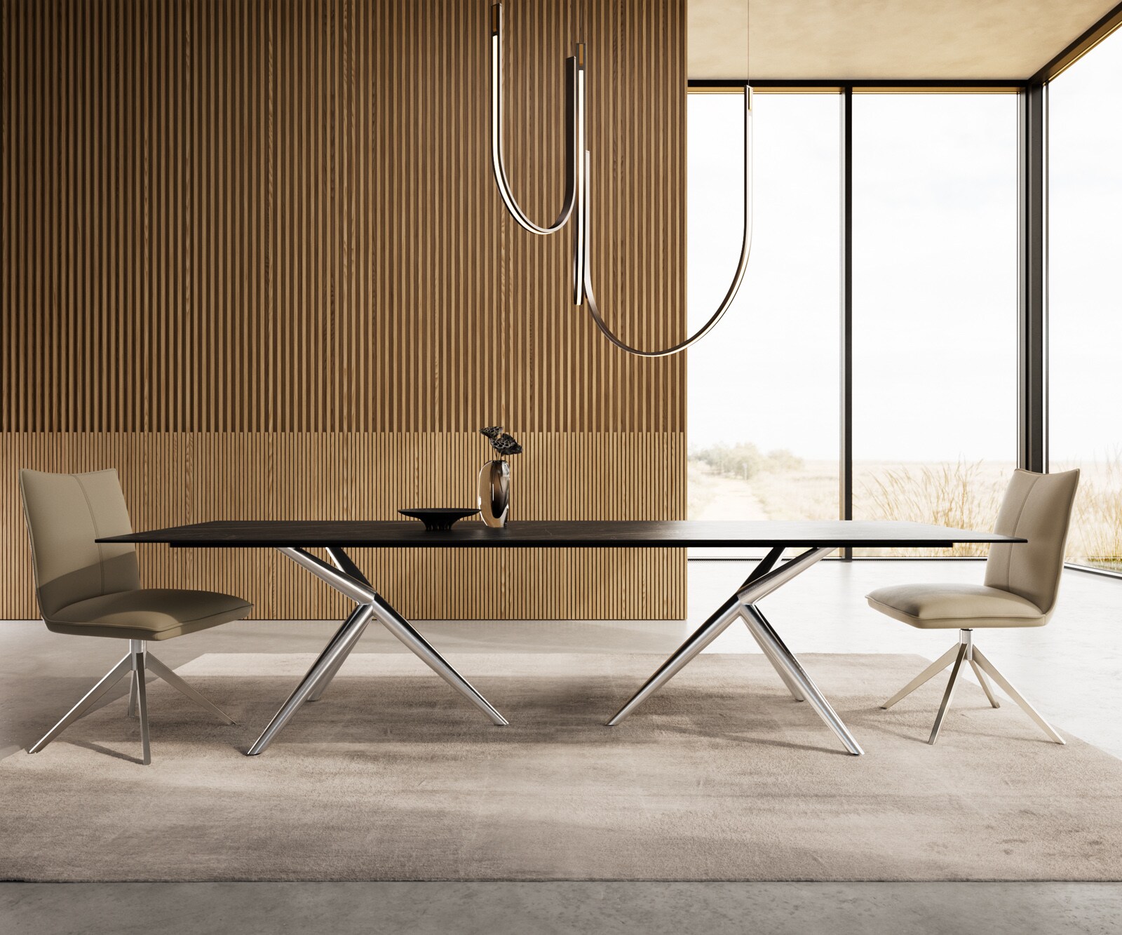 Eetkamertafel Edge 300x100 keramiek Laminam®Noir Desir bruin Estelar rond  roestvrij staal 1