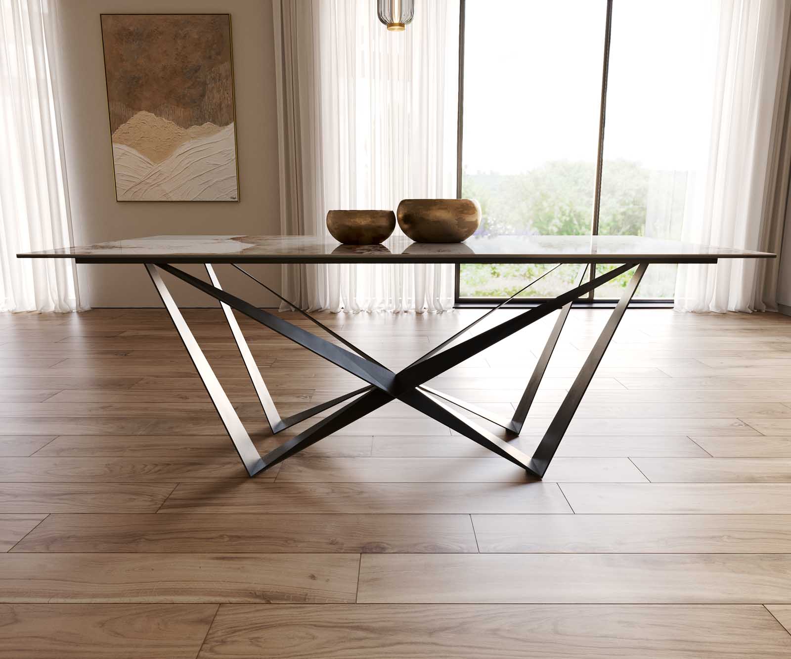 Eetkamertafel Edge 200x100 keramiek Minas Melange wit-beige spider vlak staal zwart 8