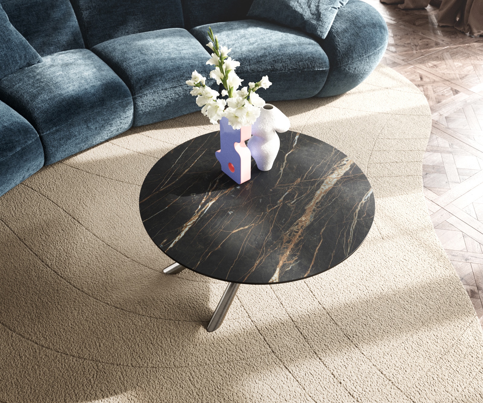 Salontafel Edge rond 90x90 cm keramiek Laminam® Noir Desir bruin Sarity geborsteld roestvrij staal 4
