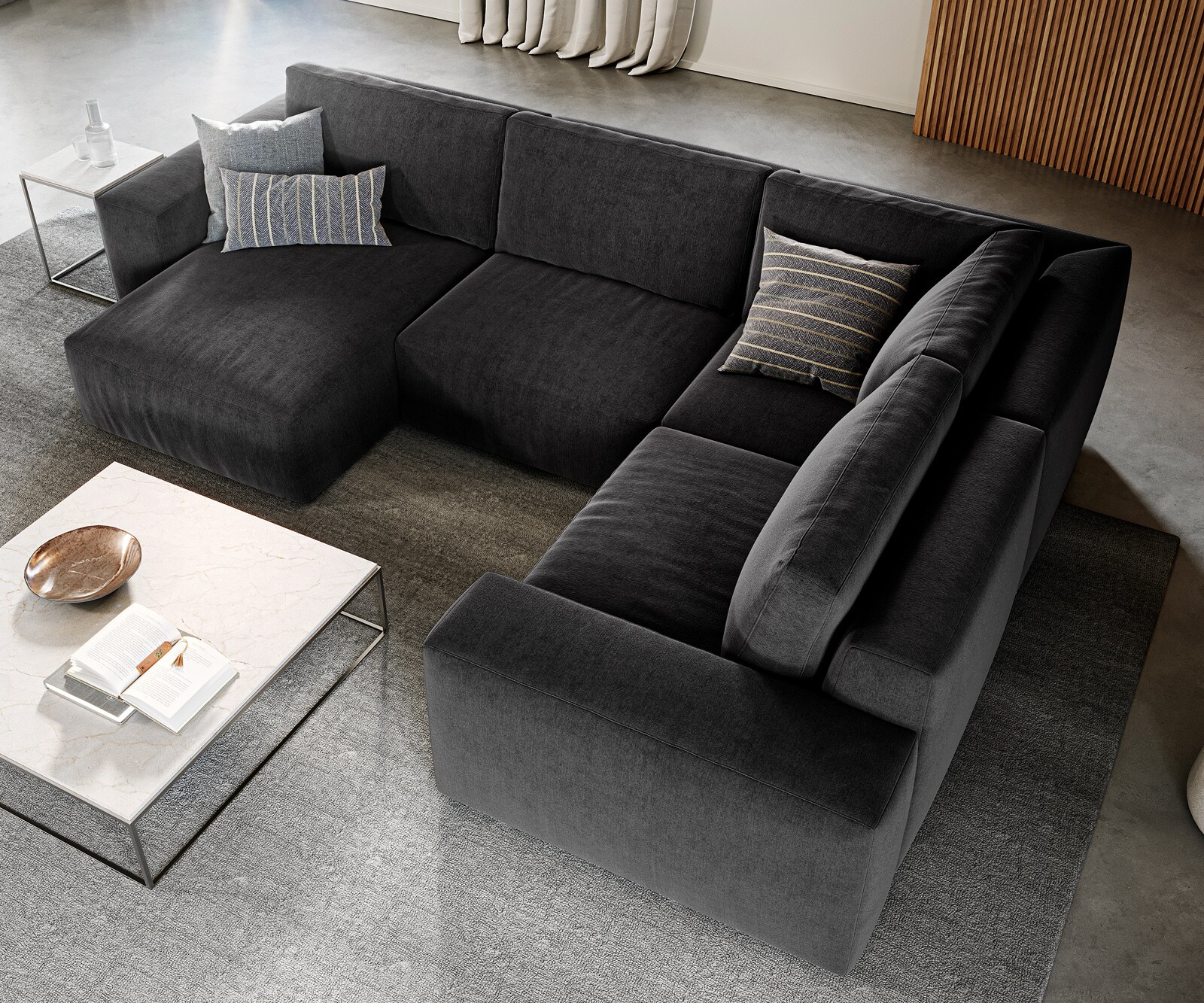 Woonlandschap Lanzo 300x210 cm microvezel zwart met variabele recamière en hocker 3