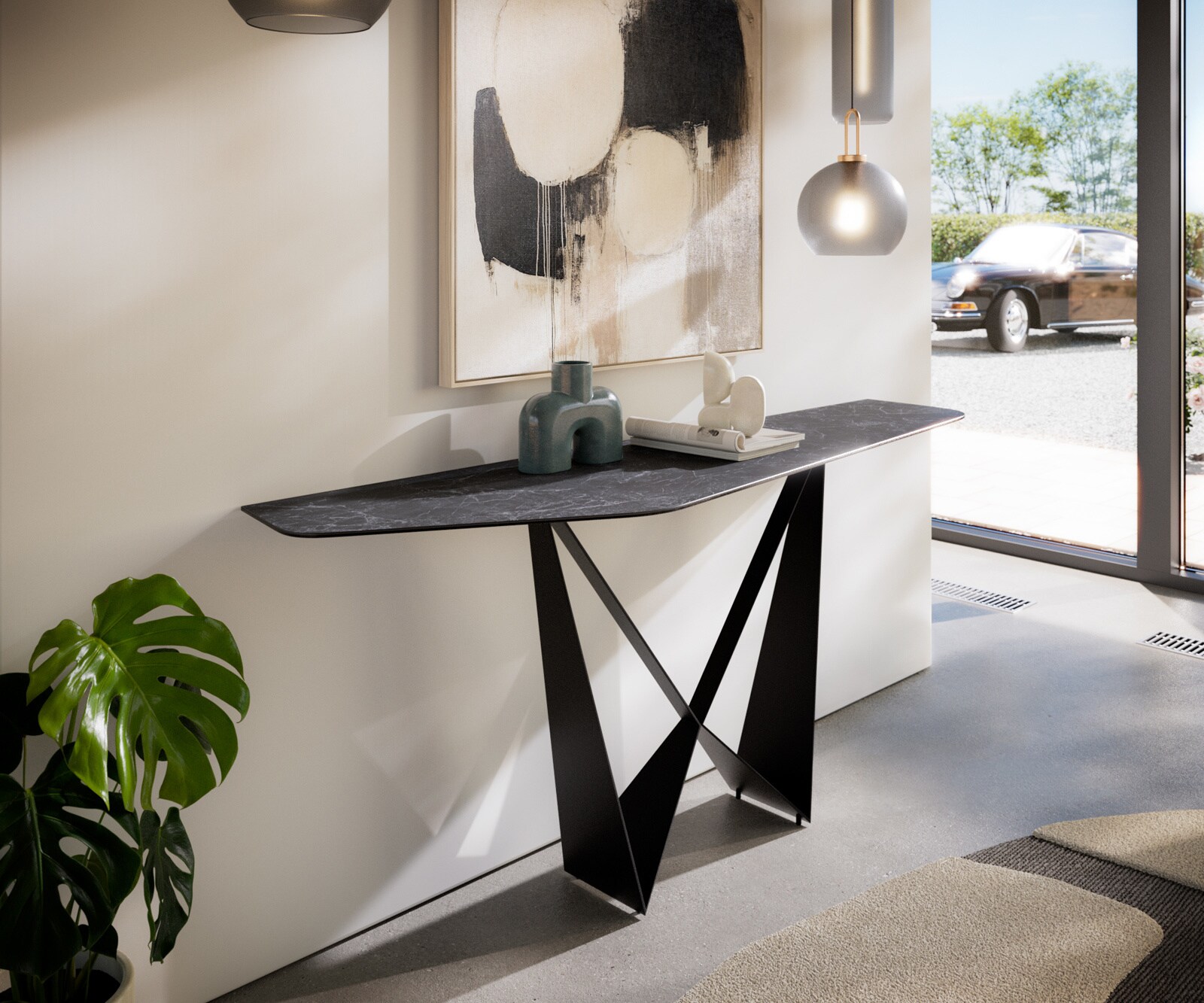 Consoletafel Edge Polygonaal 180x50 cm Keramiek Laminam® Nero Greco Anthrazit Spios Metaal Zwart 1
