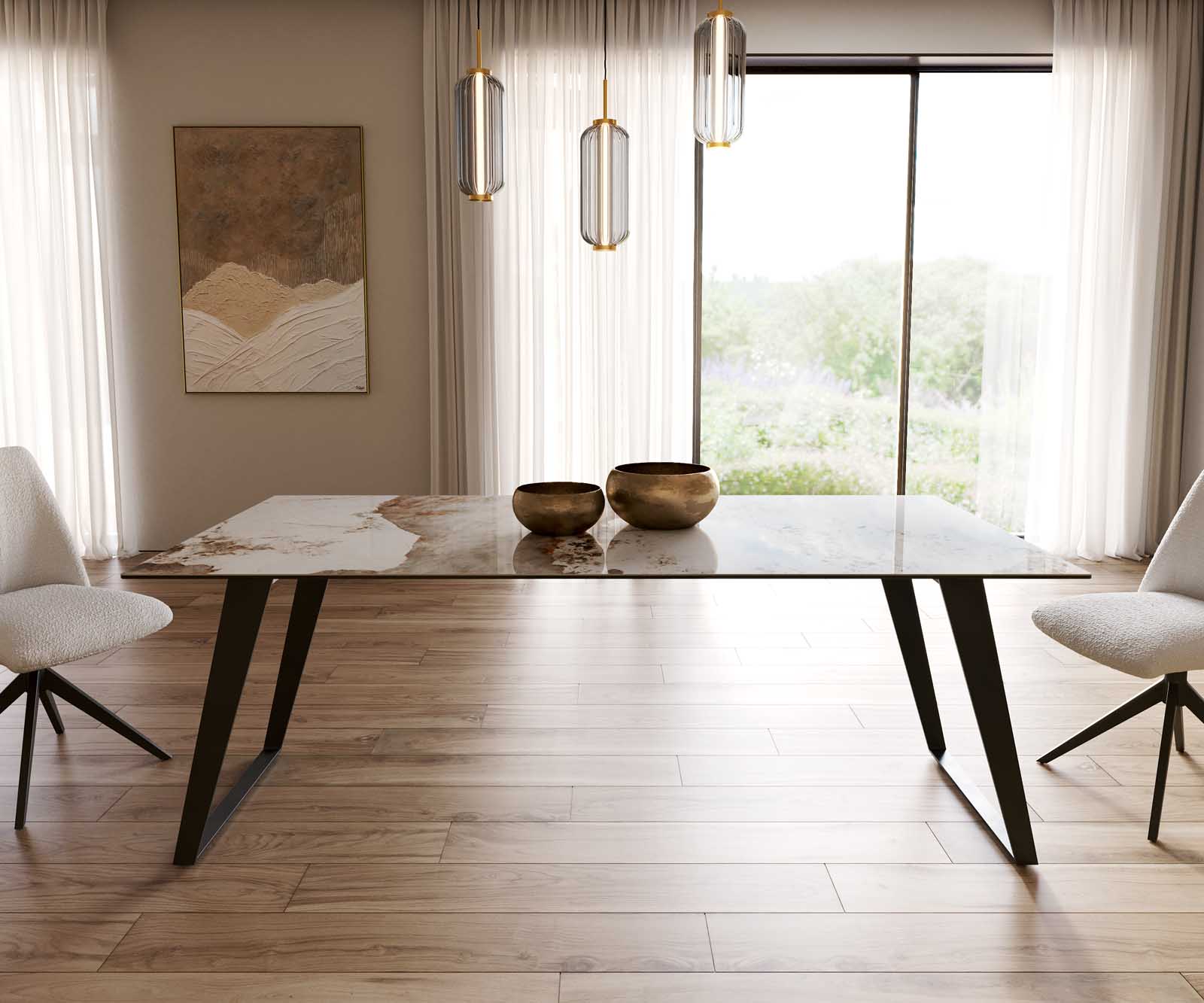 Eetkamertafel Edge 200x100 keramiek Minas Melange wit-beige metaal schuin zwart 2