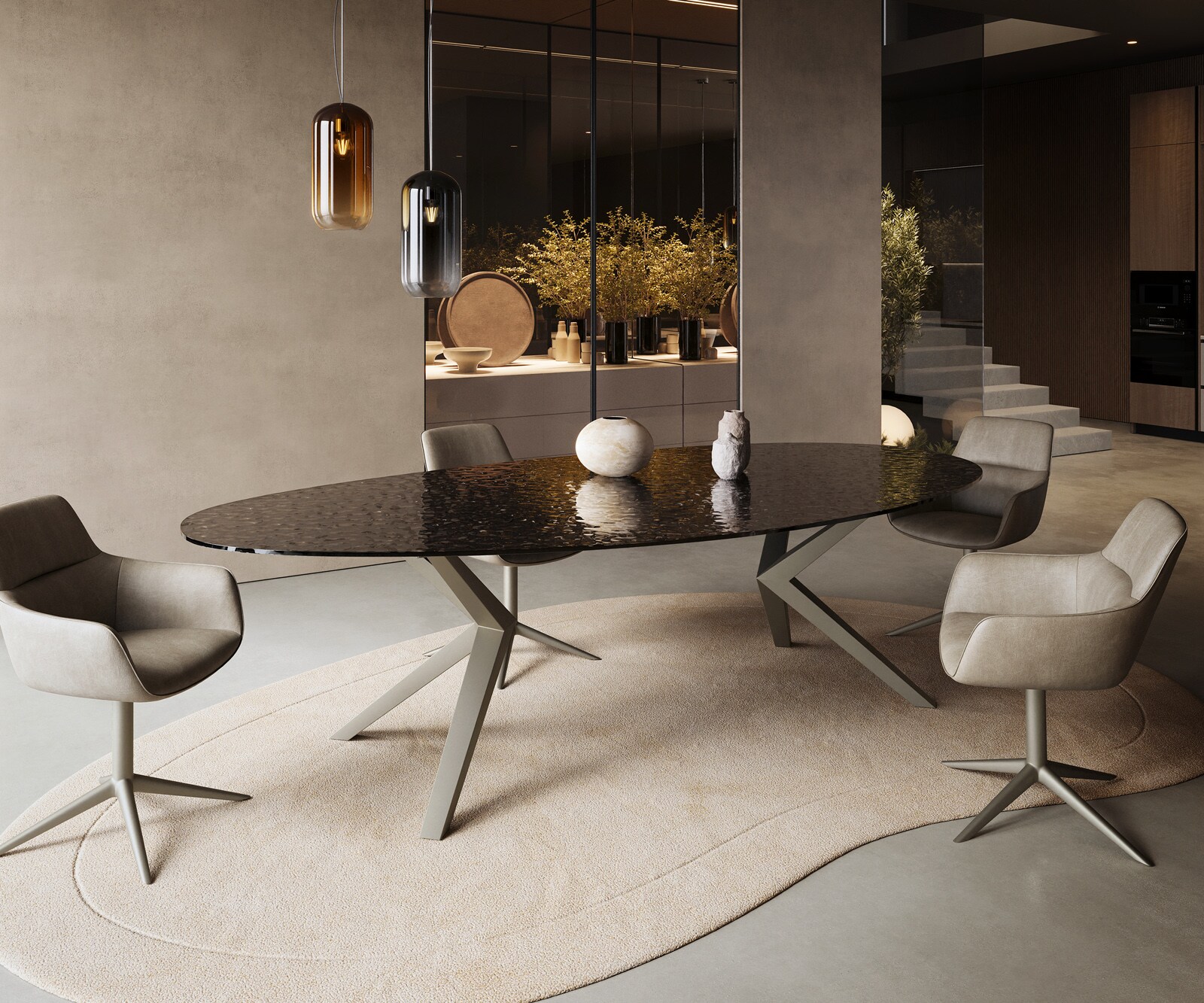 Eetkamertafel Edge ovaal 280x130 reliëfglas Rauchzwart 3D-Design Zenthara hoekig metaal effectafwerking titaan 4
