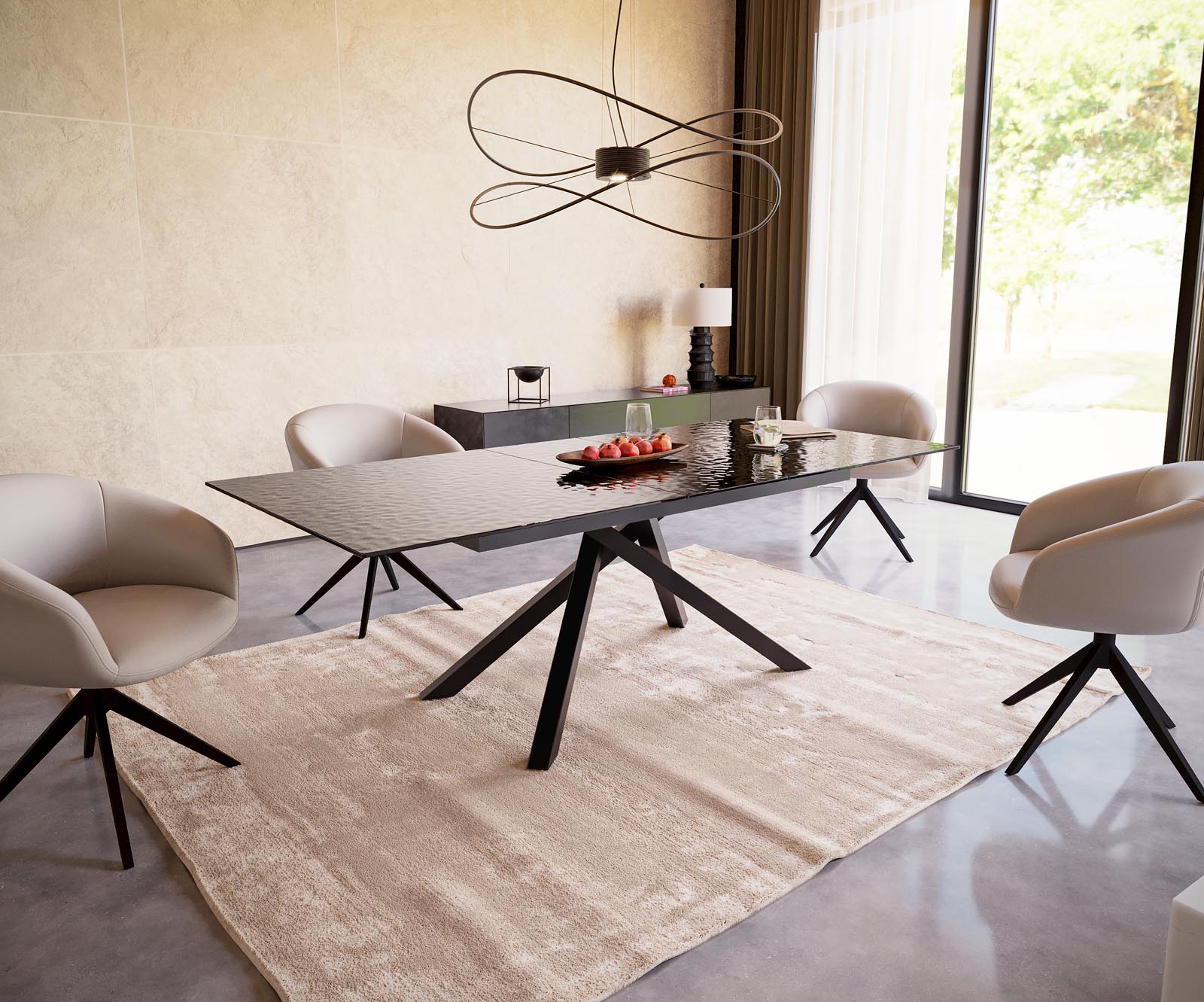 Eetkamertafel Edge 180-220x100 Glas smelten rokerig zwart 3D-Relief kruisframe rechthoek zwart uitschuifbaar 5 Eetkamertafel Edge 180-220x100 Glas smelten rokerig zwart 3D-Relief kruisframe rechthoek zwart uitschuifbaar 5