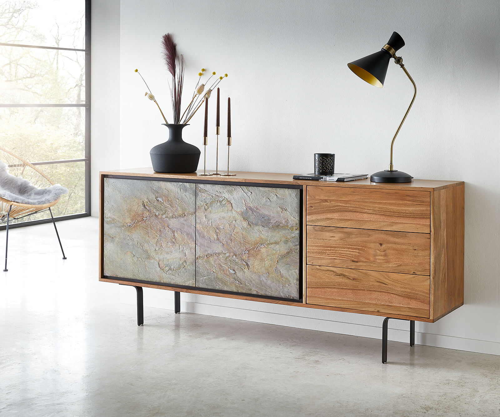 Dressoir Juwelo 175 cm acacia natuur steenfineer hout metaal zwart 1