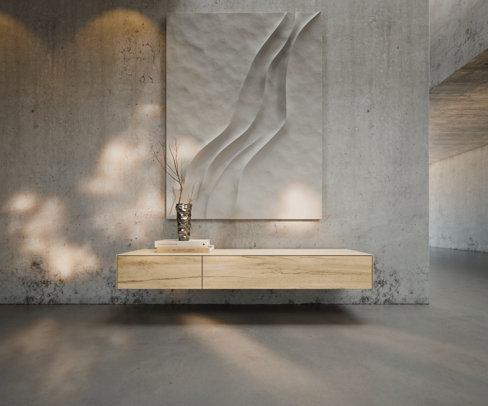 Tv-meubel Cuor 150 cm Keramiek Laminam® Sabbia Eiken gekleurd 1 Flap 1 Lade Zwevend 1