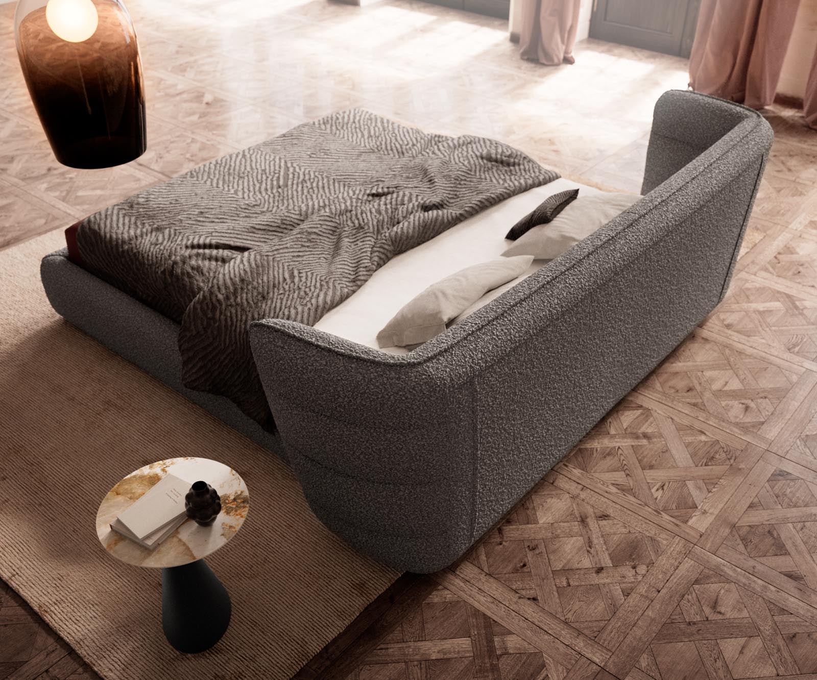 Gestoffeerd bedframe Simea 180x200 cm Bouclé zilvergrijs 5 Gestoffeerd bedframe Simea 180x200 cm Bouclé zilvergrijs 5