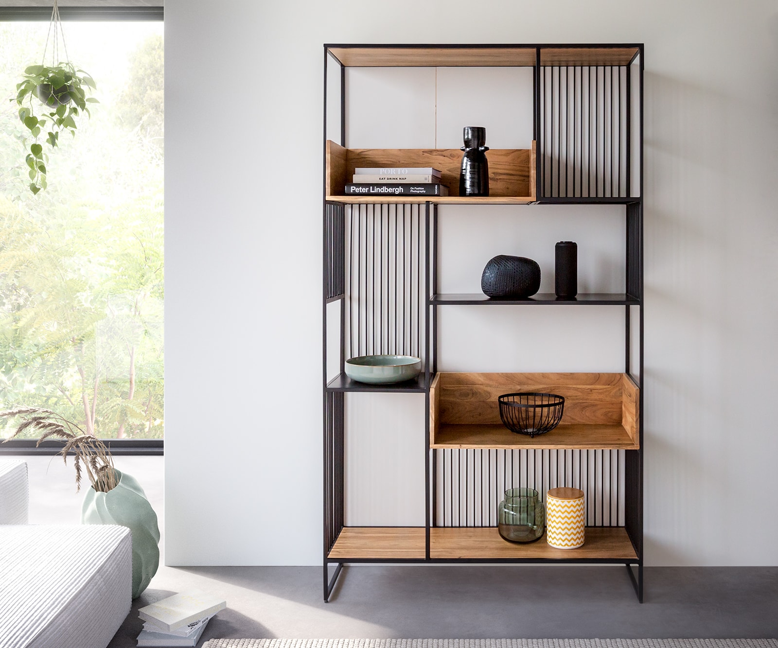 Boekenkast Lukeo 115x200 cm acacia natuur metaal zwart