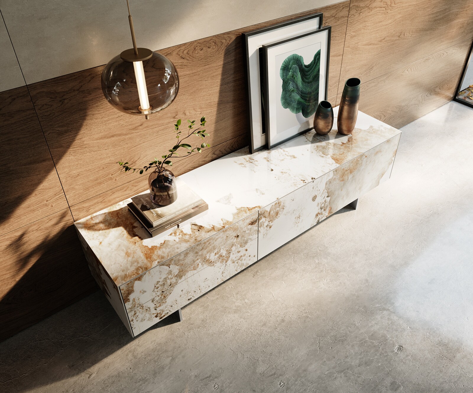Tv-meubel Cuor 180 cm Keramiek Minas Melange Wit-beige 1 Flap 2 Laden Zwevende voet look Roestvrij staal 4