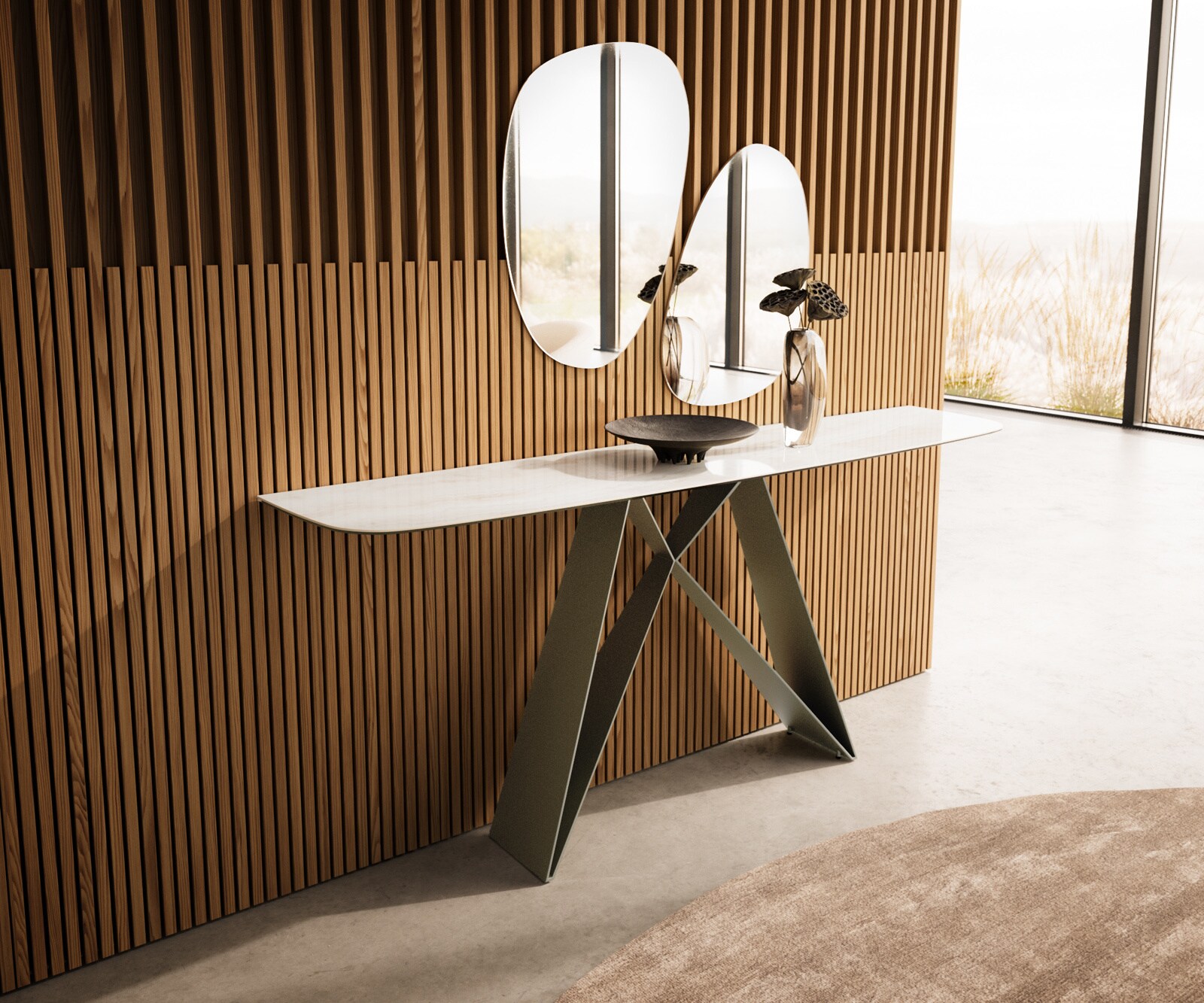Consoletafel Edge Bootvorm 180x40 cm Keramiek Onyx Champagne Velio Metaal Effektfinish Titan 4