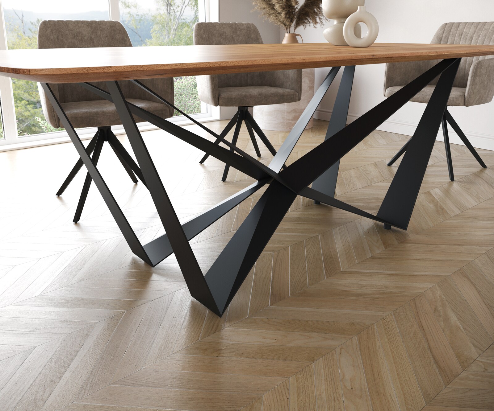 Eettafel Edge Boot 200x100 acacia natuur Spider staal  zwart  Schweizer Kante 6
