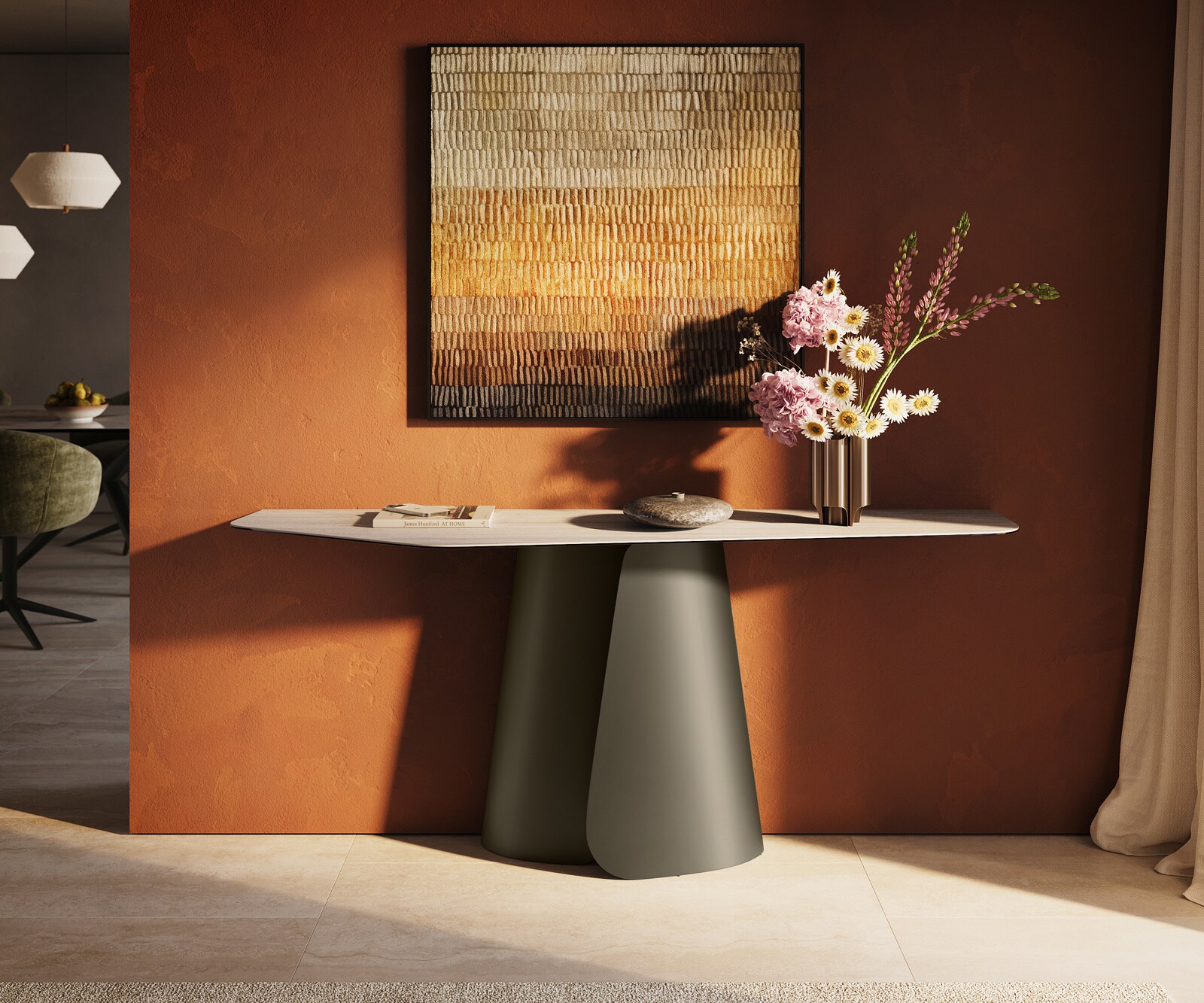 Consoletafel Edge Polygonaal 180x50 cm Keramiek Laminam® Travertino Bianco Creme-Weiß Livos Metaal Effektfinish Titan 2
