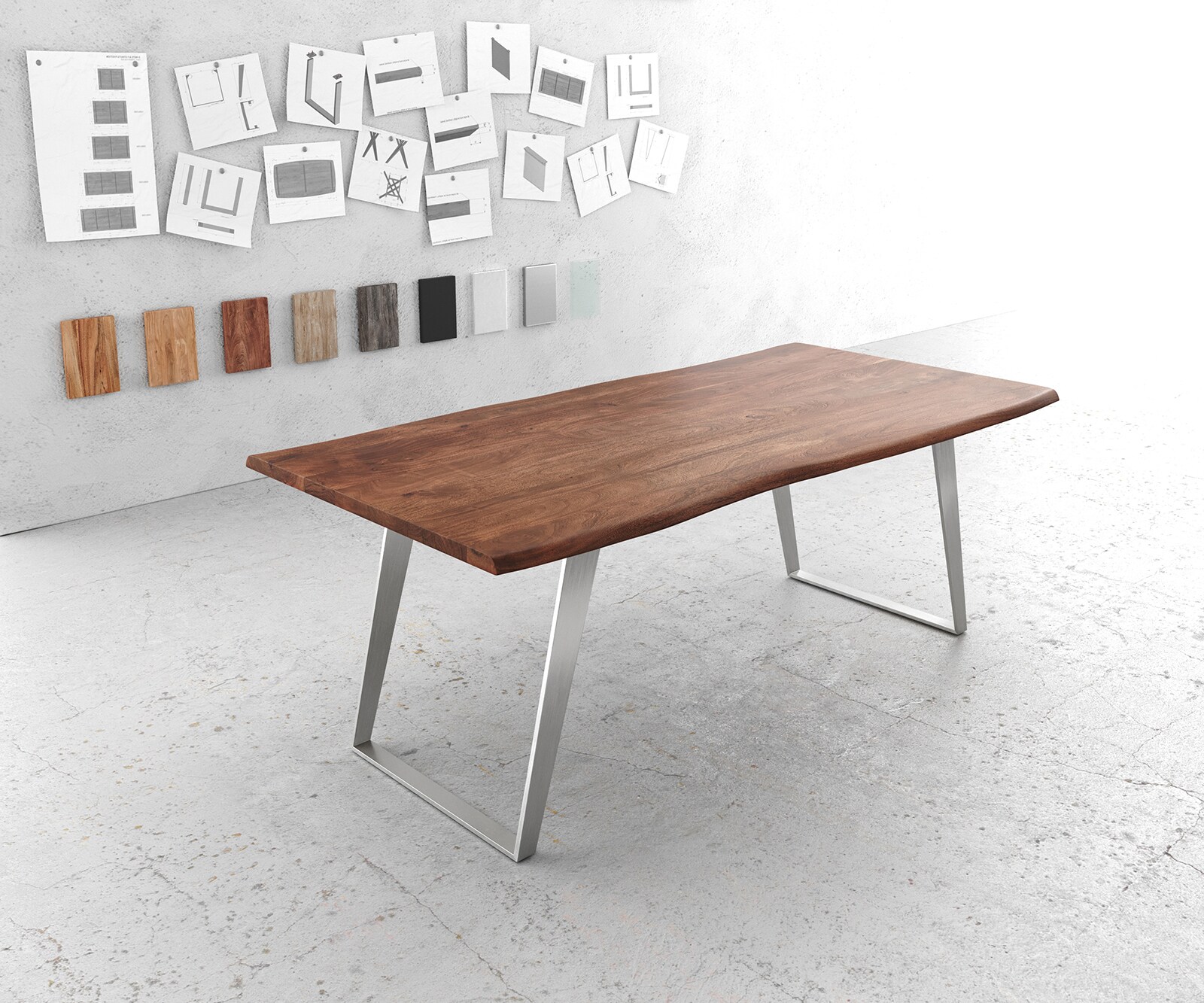 Eettafel Edge 200x100cm acacia bruin roestvrijstaal zilver schuin Live-Edge