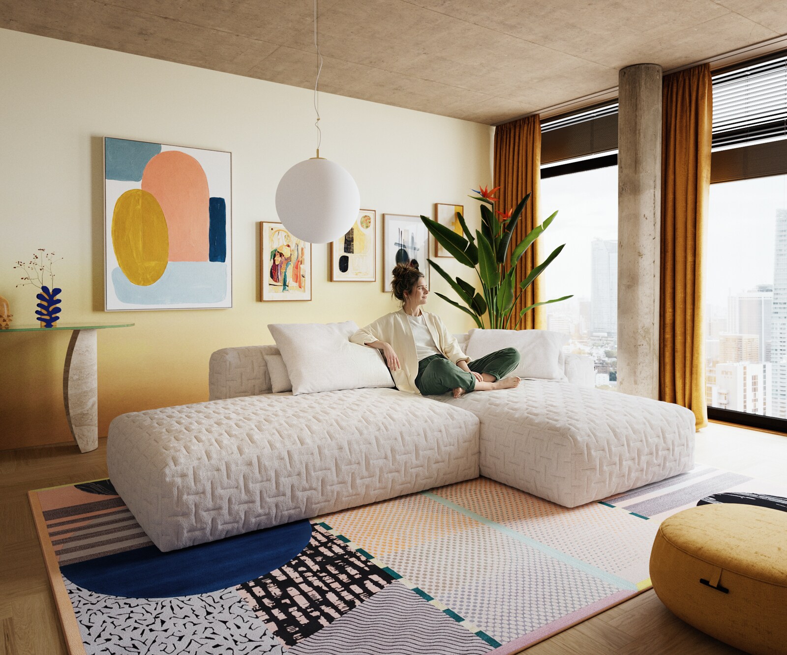 Hoekbank Freestyle 310x200 cm Bouclé zacht Beige gestikt 1