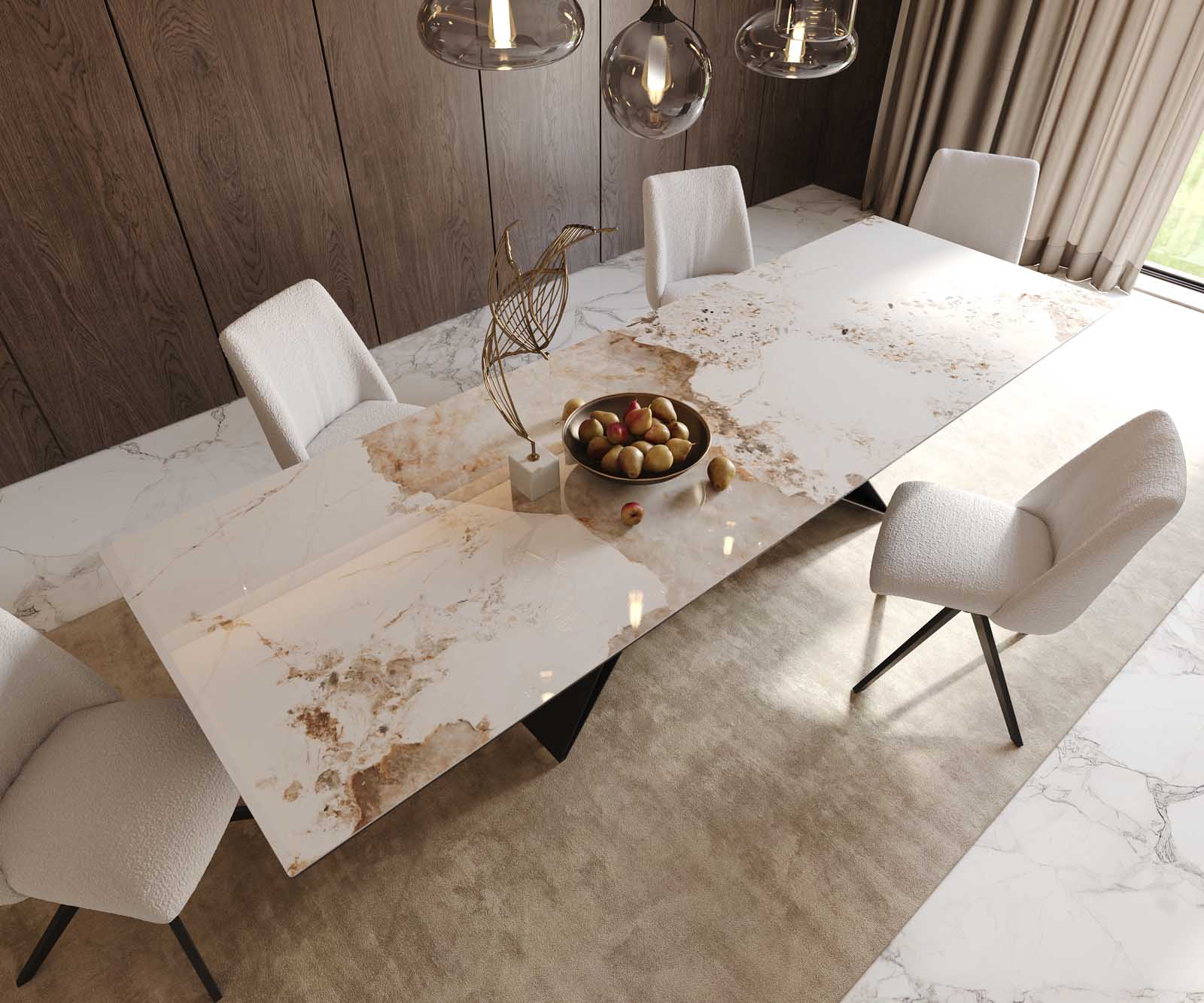 Eetkamertafel Edge 300x100 keramiek Minas Melange wit-beige V-frame vlak staal zwart 6