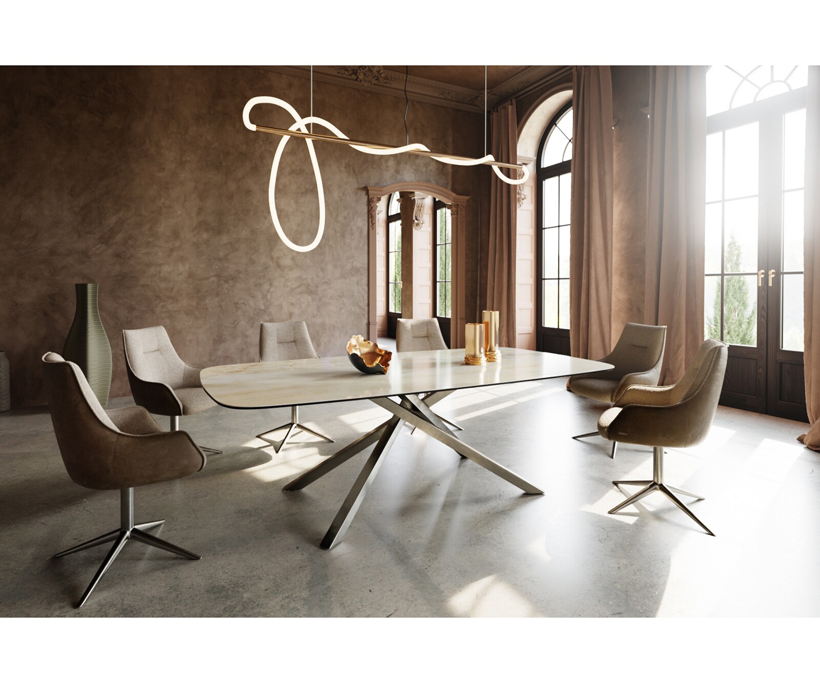 Eetkamertafel Edge Boot 240x120 cm Keramiek Iris FMG Onice Oro kruisonderstel Rechthoek Roestvrij staal 6