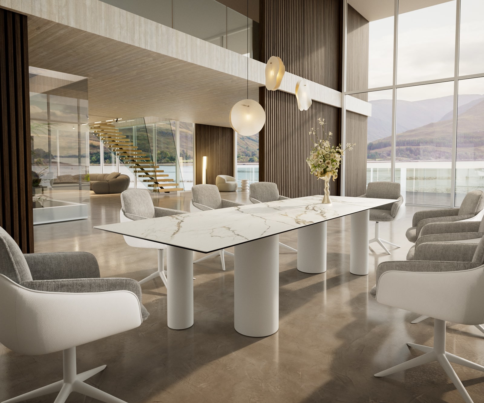 Eetkamertafel Edge 300x100 keramiek Calacatta Luxe wit-Gold-grijs Pilier metaal wit 5 Eetkamertafel Edge 300x100 keramiek Calacatta Luxe wit-Gold-grijs Pilier metaal wit 5