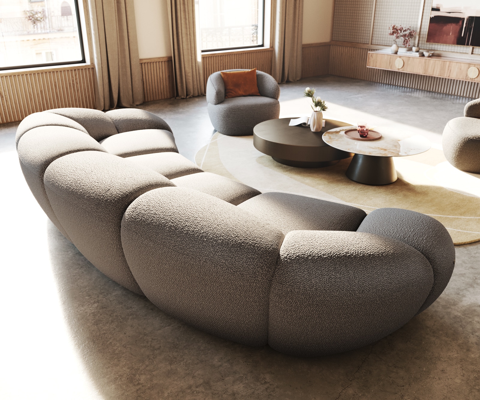 Big-sofa Lunna 360x175 cm Bouclé zilvergrijs 2 kussens 5 Big-sofa Lunna 360x175 cm Bouclé zilvergrijs 2 kussens 5