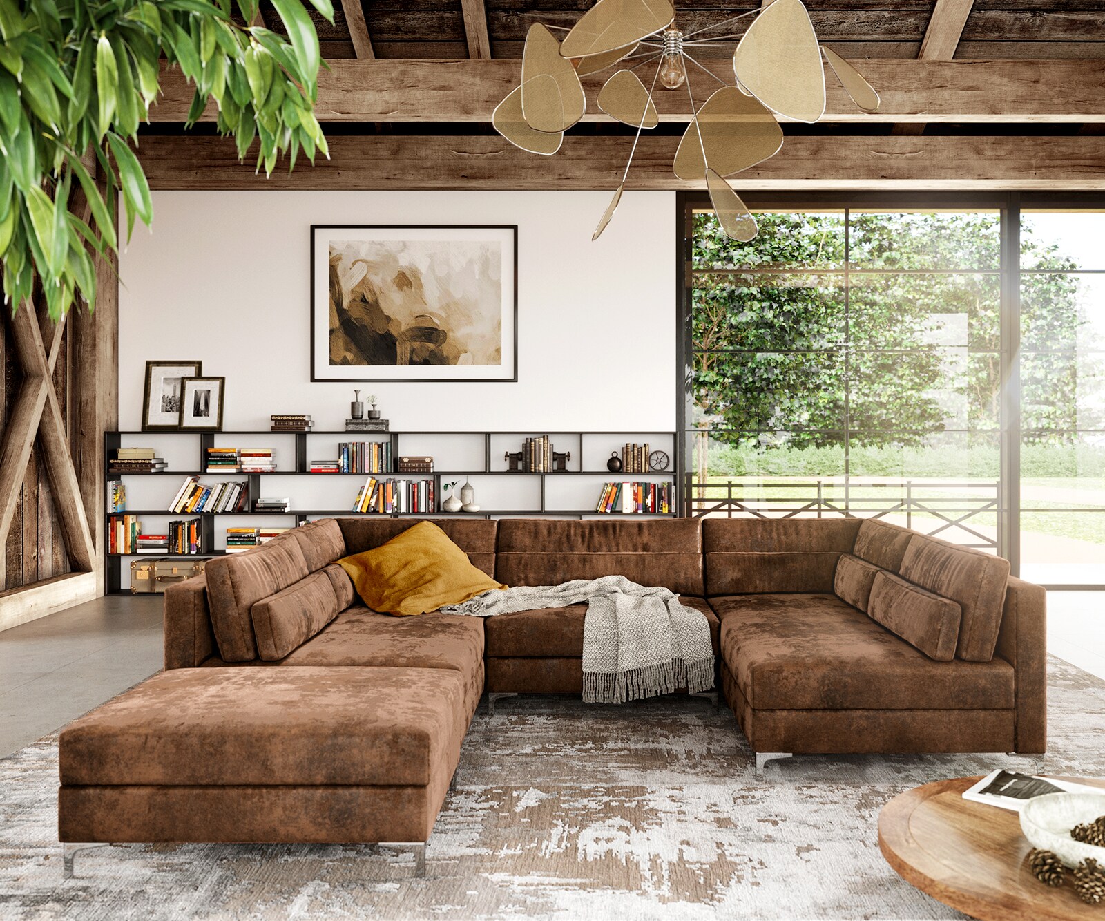 Woonlandschap Elio 300x185 cm kunstleer vintage bruin met poef 1