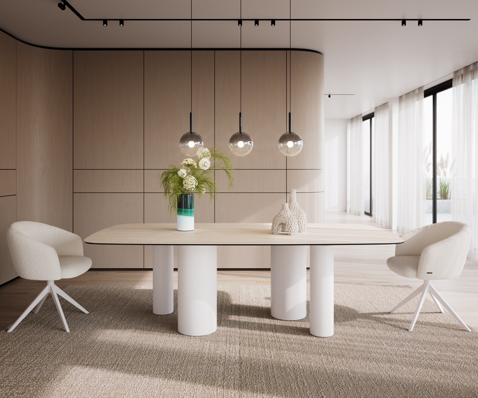 Eetkamertafel Edge Boot 240x120 keramiek Travertin natuurPilier metaal wit 1