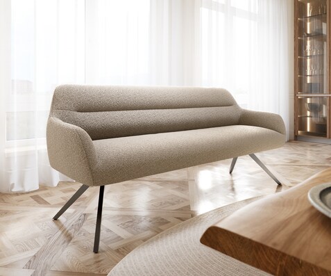 Eetkamerbank Taya-Flex 200 cm bouclé mud hoekig kruisframe grafiet pocketvering