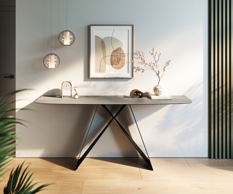 Consoletafel Edge Bootvorm 180x40 cm Keramiek Betongrijs Velio Metaal Zwart