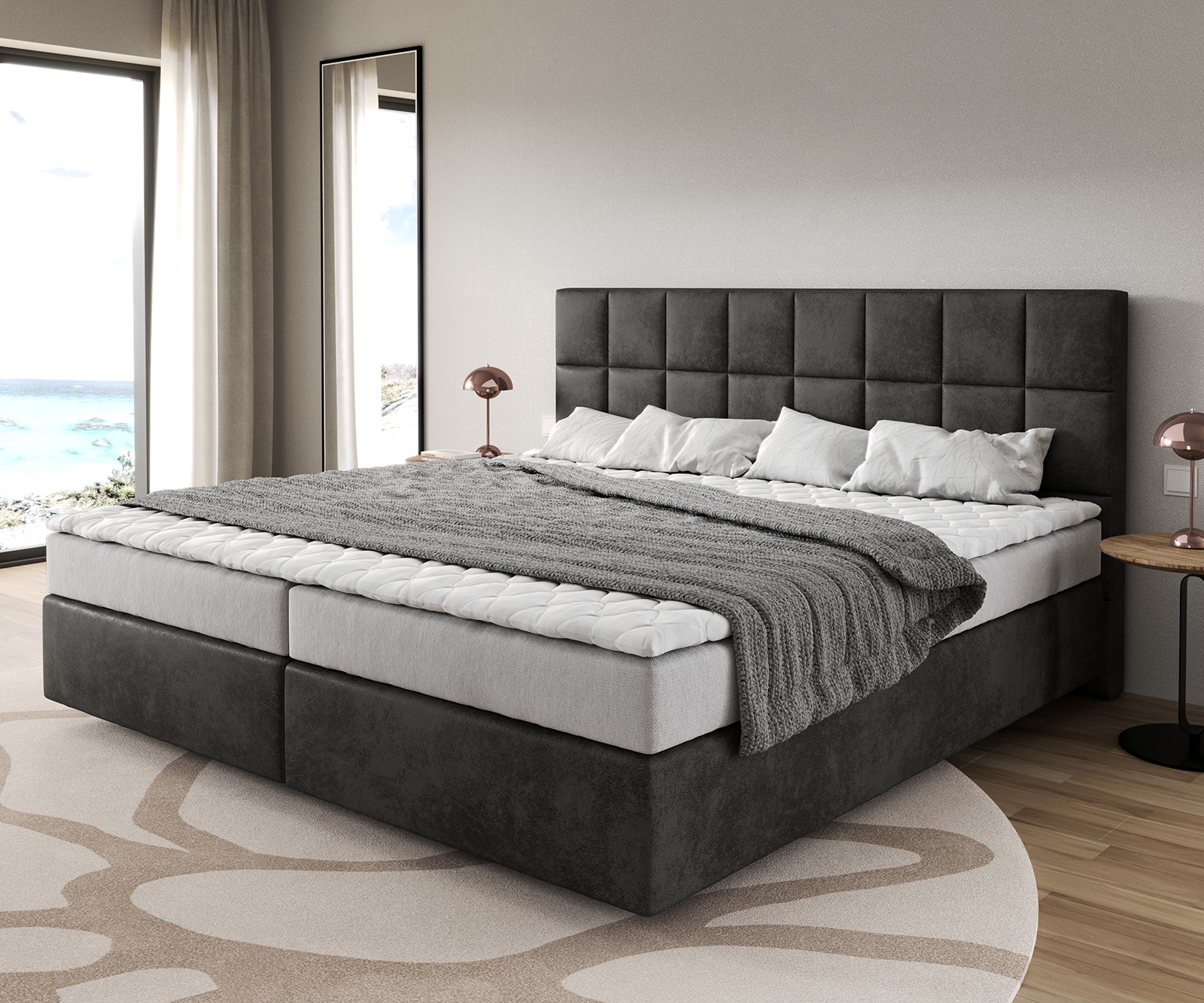 Boxspringbed Dream-Fine microvezel antraciet vintage 200x200 cm Bonell matras PU topper 1