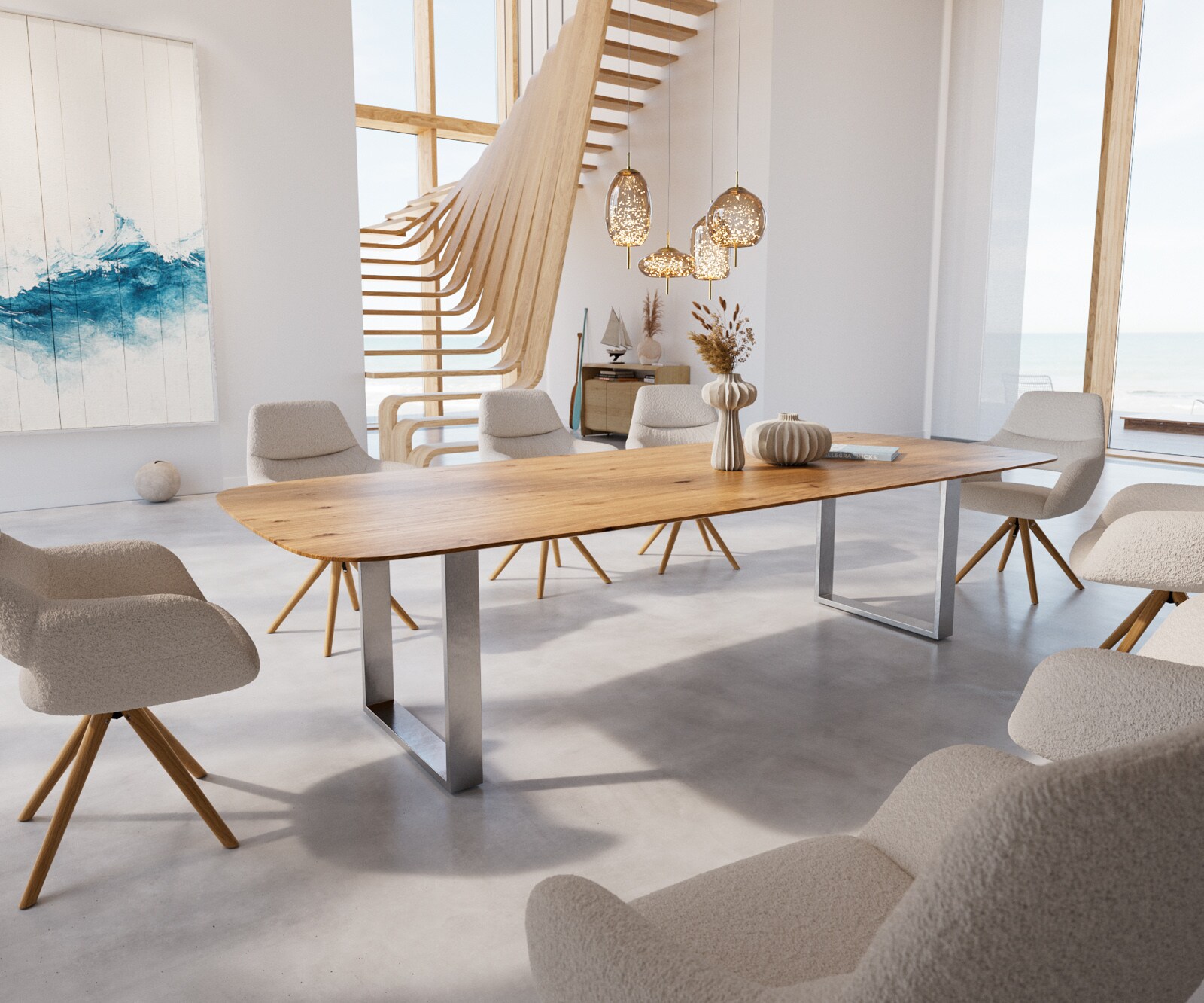 Eettafel Edge Boot 300x120x2,5-3 eiken natuur roestvrij staal  smal  Schweizer Kante 1