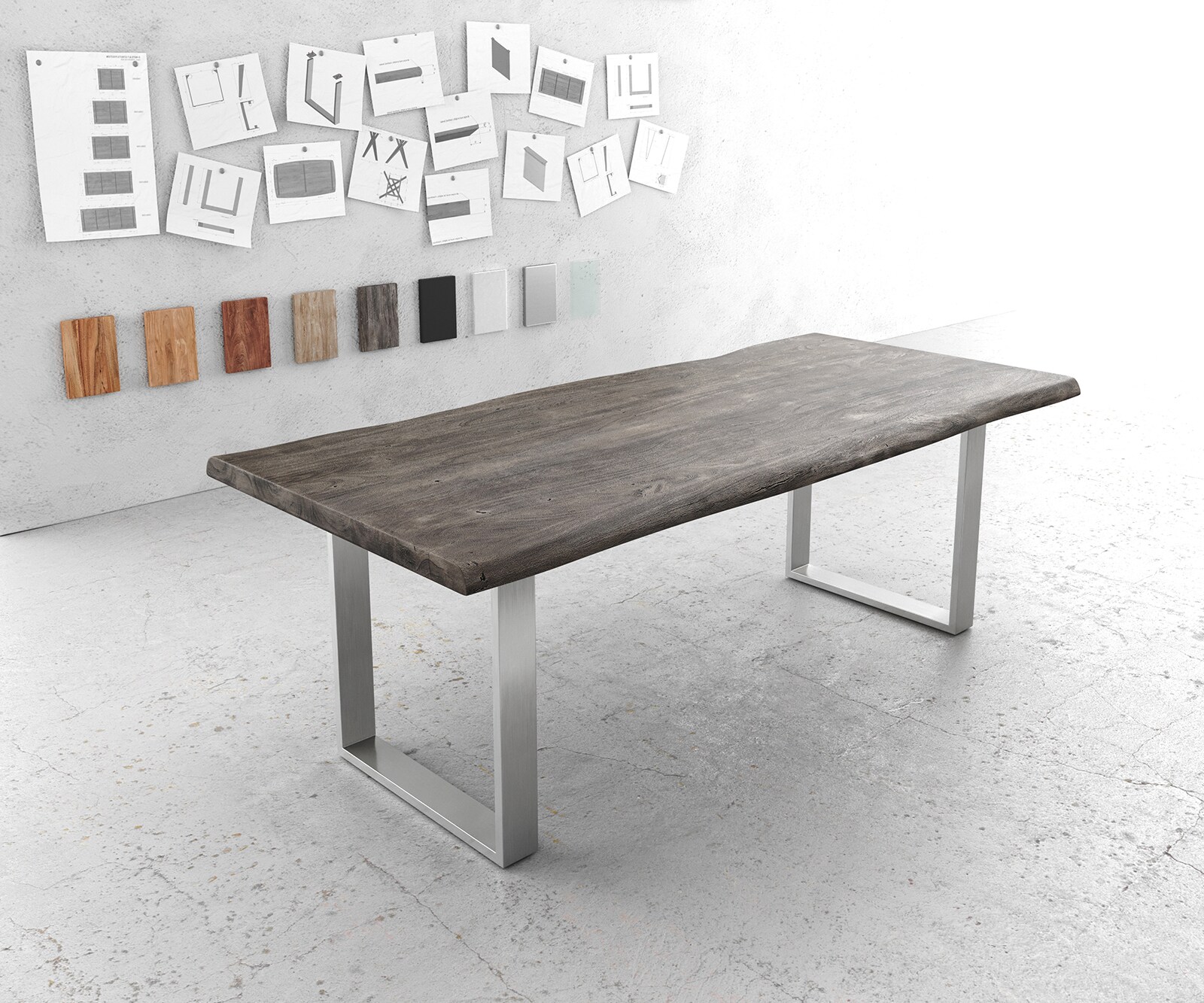 Eettafel Edge 220x100cm XL acacia platina roestvrijstaal smal Live-Edge