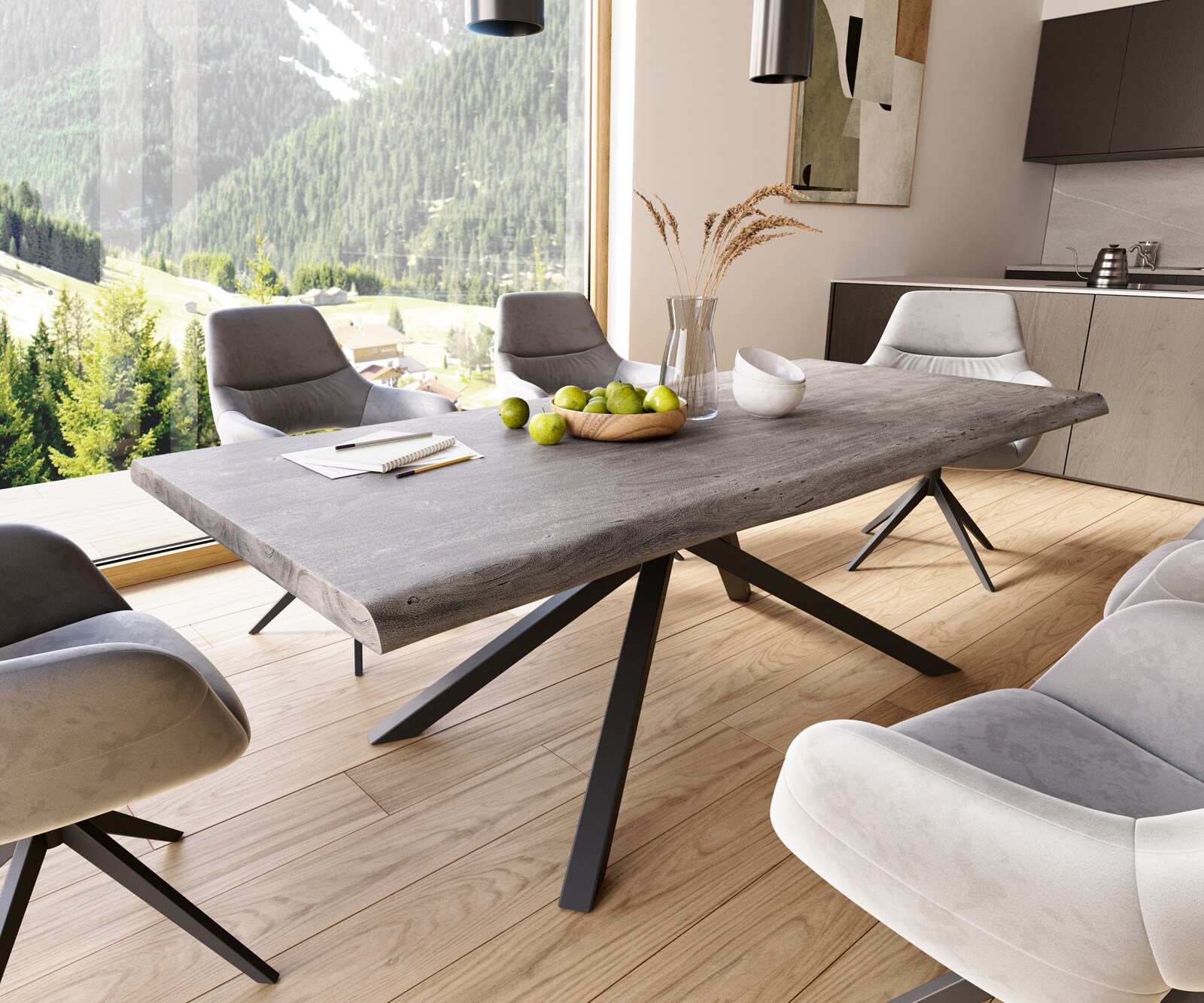 Eettafel Edge 220x100 XL acacia platina  kruisframe rechthoek zwart  Live-Edge 1
