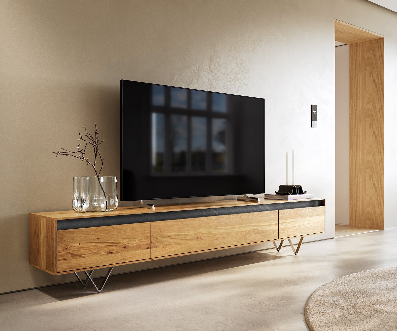 Tv-meubel Stonegrace 240 cm eiken natuur 4 deuren V-poot roestvrij staal