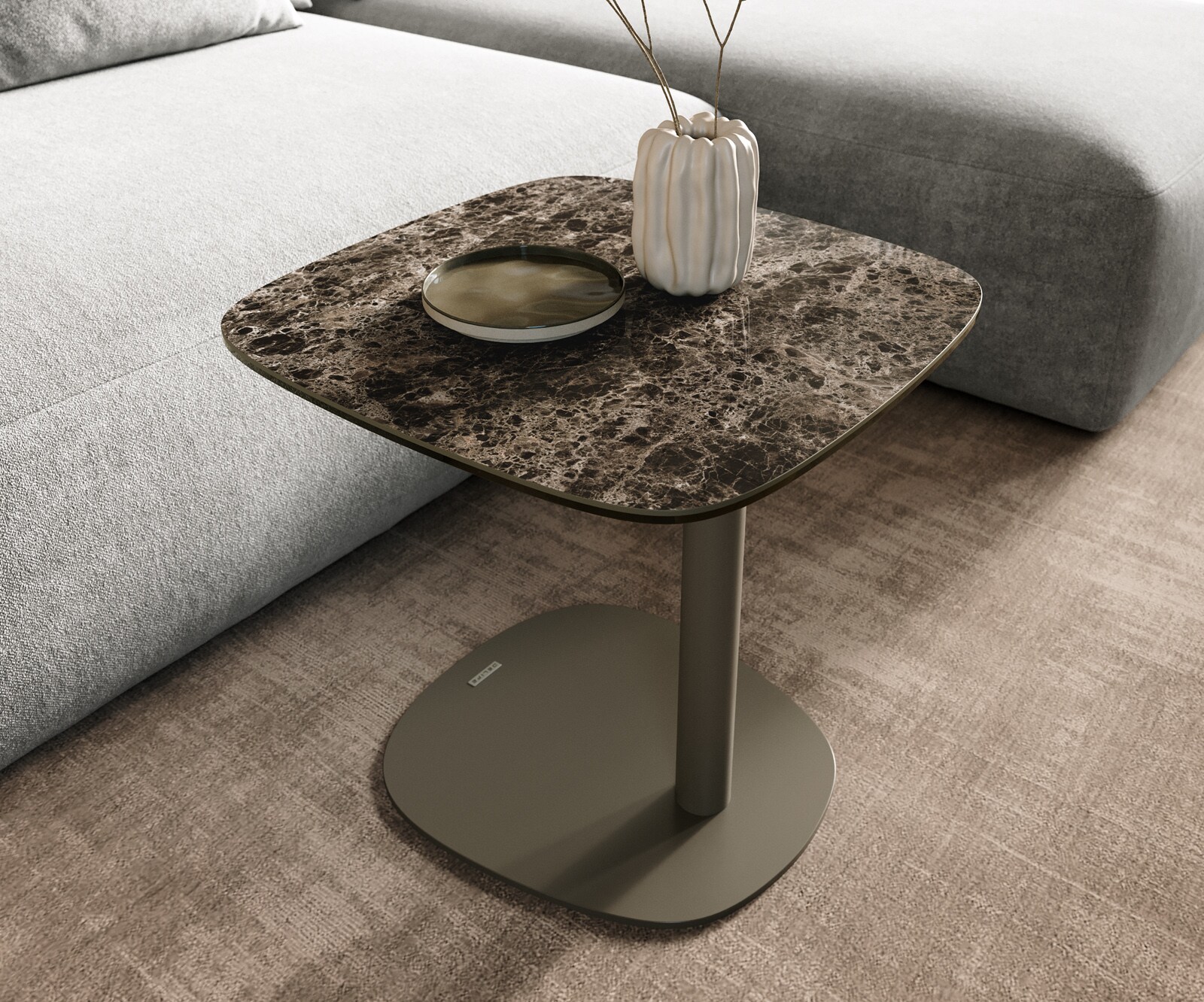 Bijzettafel Edge bootvorm 50x50 cm keramiek Emperador Extra Lucidato donkerbruin Eleny metaal effectafwerking titanium 6