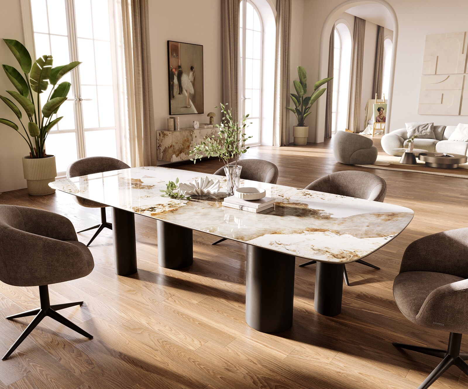 Eettafel Edge Boot 260x120 cm Keramiek Minas Melange Wit-Beige Pilier Metaal Zwart 1