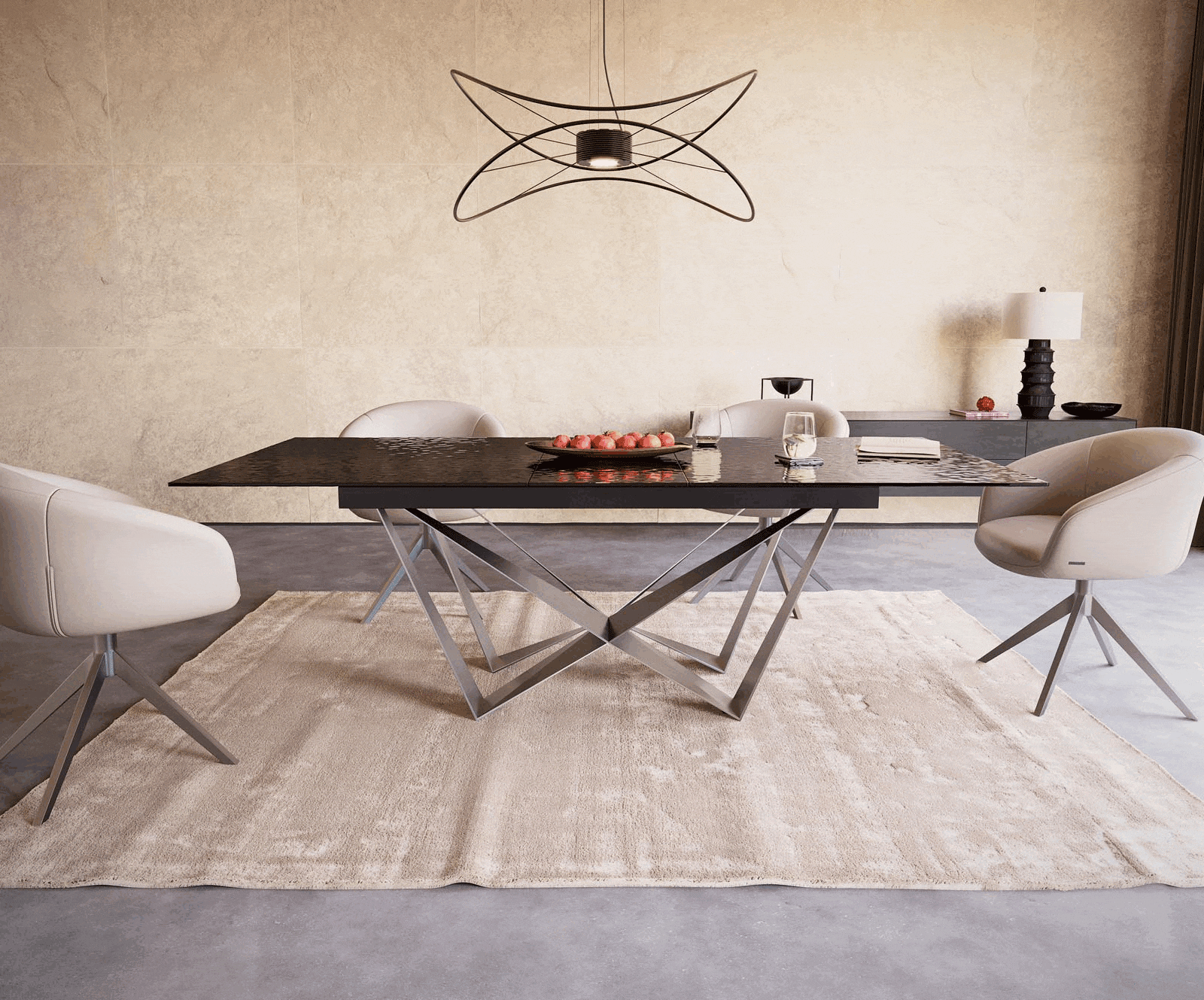 Eetkamertafel Edge 180-220x100 Glas smelten rokerig zwart 3D-Relief spider vlak staal RVS uitschuifbaar 1 Eetkamertafel Edge 180-220x100 Glas smelten rokerig zwart 3D-Relief spider vlak staal RVS uitschuifbaar 1