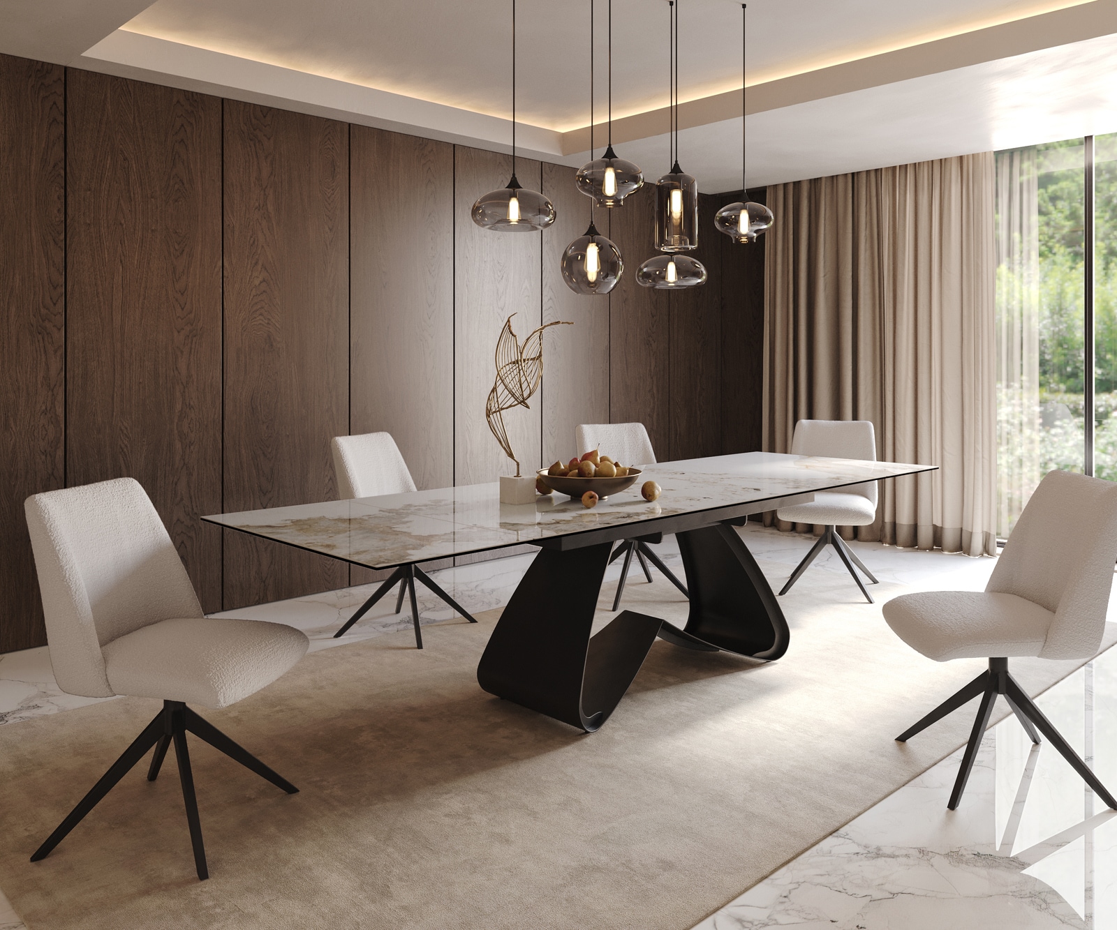 Eetkamertafel Edge 200-300x100 keramiek Minas Melange wit-beige W-frame zwart uitschuifbaar 8