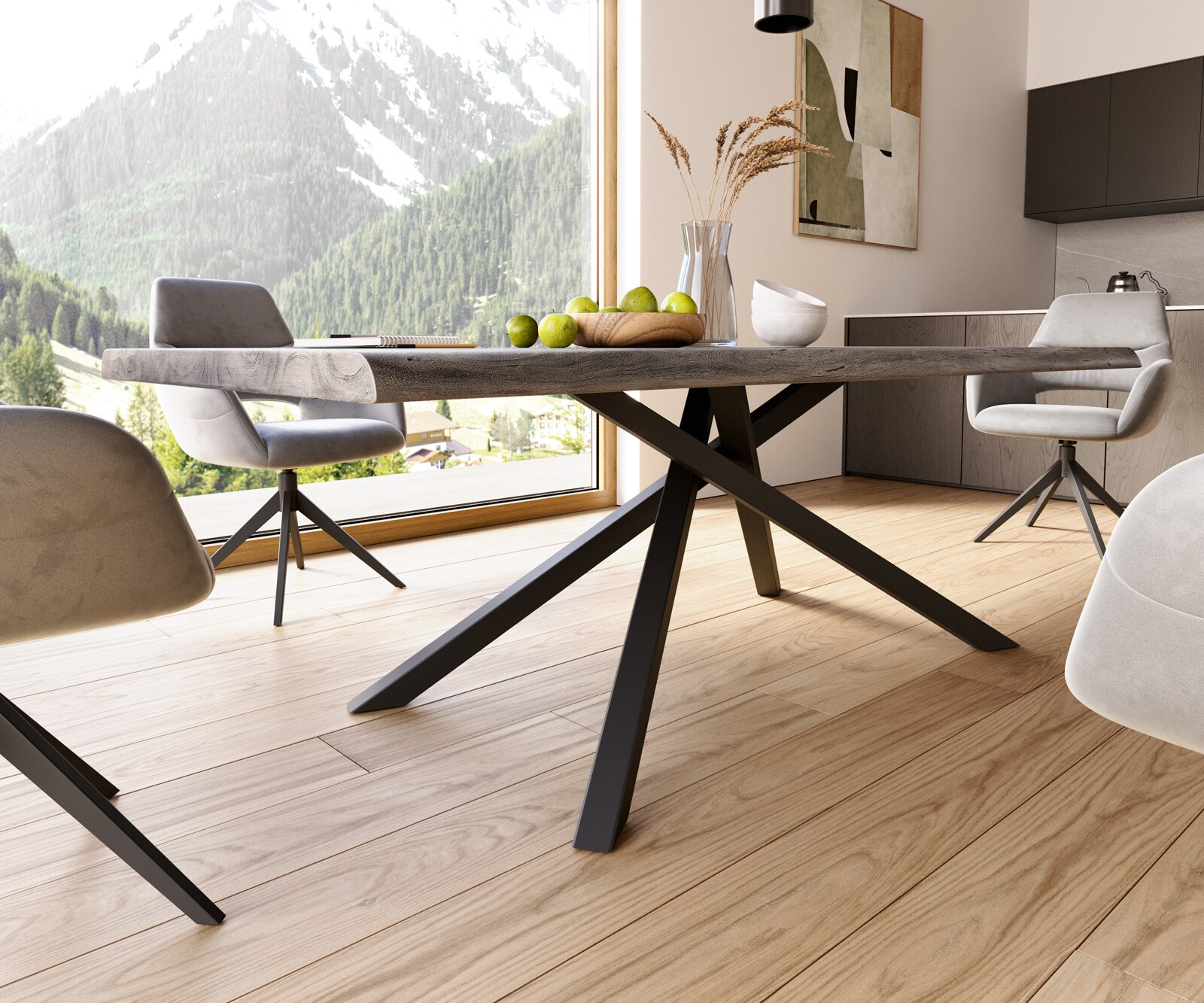 Eettafel Edge 220x100 XL acacia platina  kruisframe rechthoek zwart  Live-Edge 6