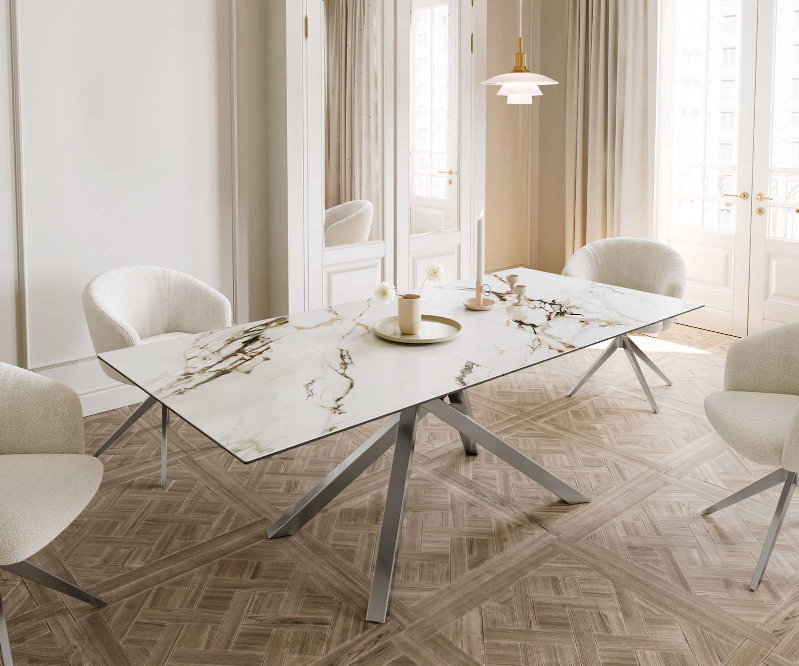 Eetkamertafel Edge 180-220x100 keramiek Calacatta Luxe wit-goud-grijs kruisframe rechthoek RVS uitschuifbaar Eetkamertafel Edge 180-220x100 keramiek Calacatta Luxe wit-goud-grijs kruisframe rechthoek RVS uitschuifbaar