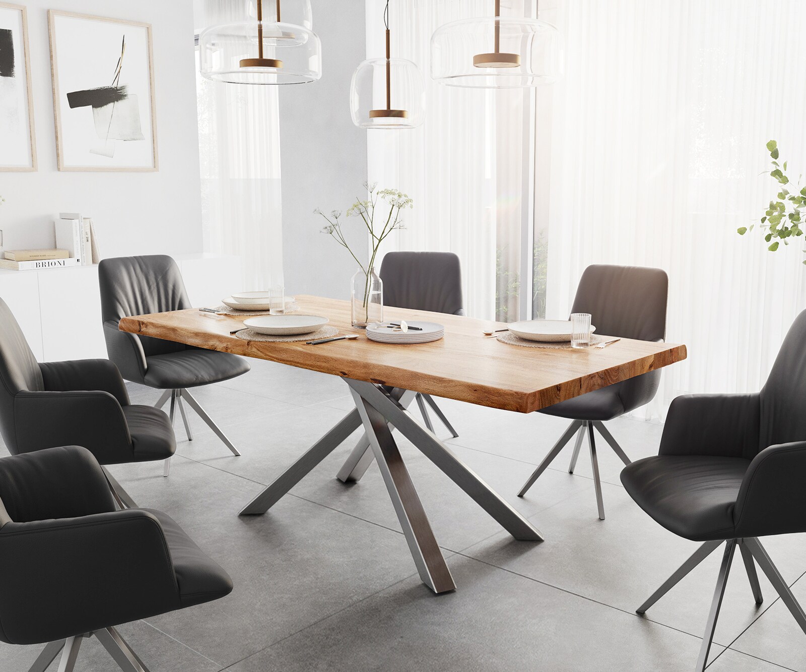 Eettafel Edge 200x100 XL acacia natuur Kreuzframe rechthoek edelstaal Live-Edge