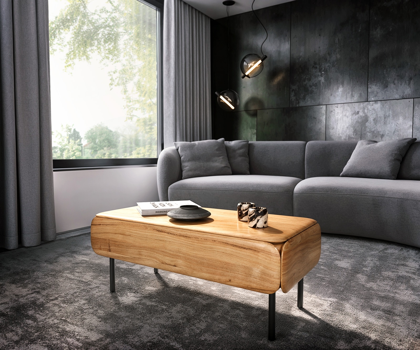 Salontafel Shavani 100x50 cm natuur acacia 2 klapdeuren metaal zwart