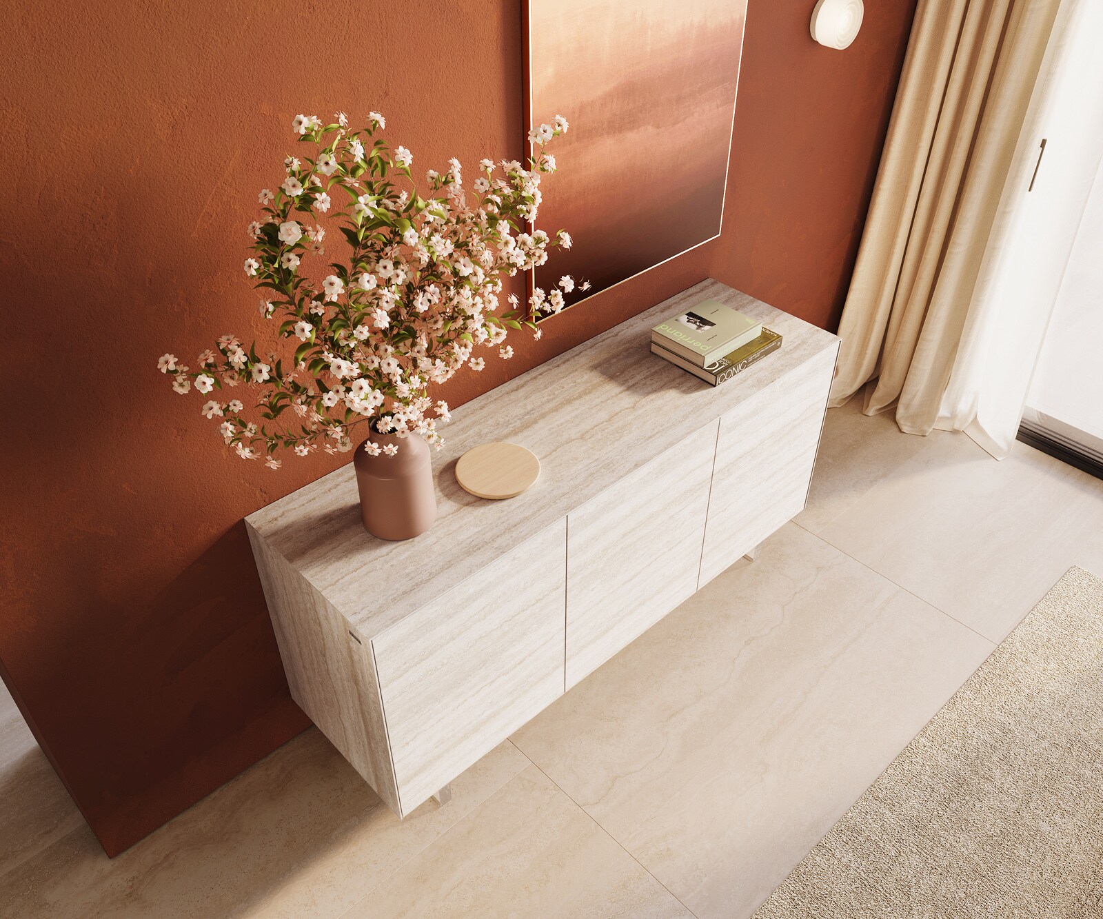 Dressoir Cuor 150 cm Keramiek Laminam® Travertino Bianco Crème-wit 3 Deuren Zwevende voet look Acrylglas 3