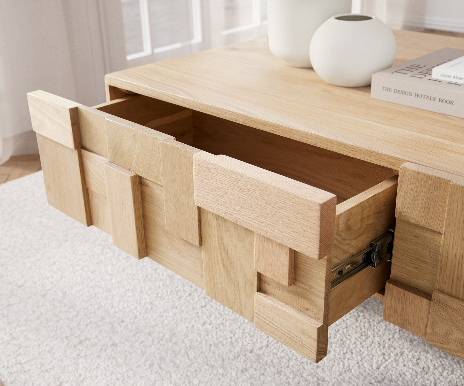 Salontafel Puzzle 120 cm 4 laden natuur eiken onderstel zwevend metaal zwart 4