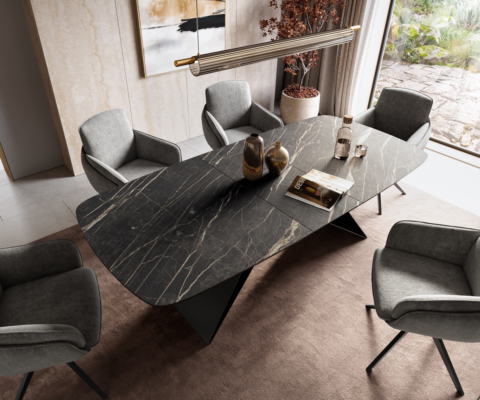 Eettafel Edge Boot 180-220x100 cm Laminam® Keramiek Noir Desir Braun V-onderstel Flachstahl Zwart uitschuifbaar 4